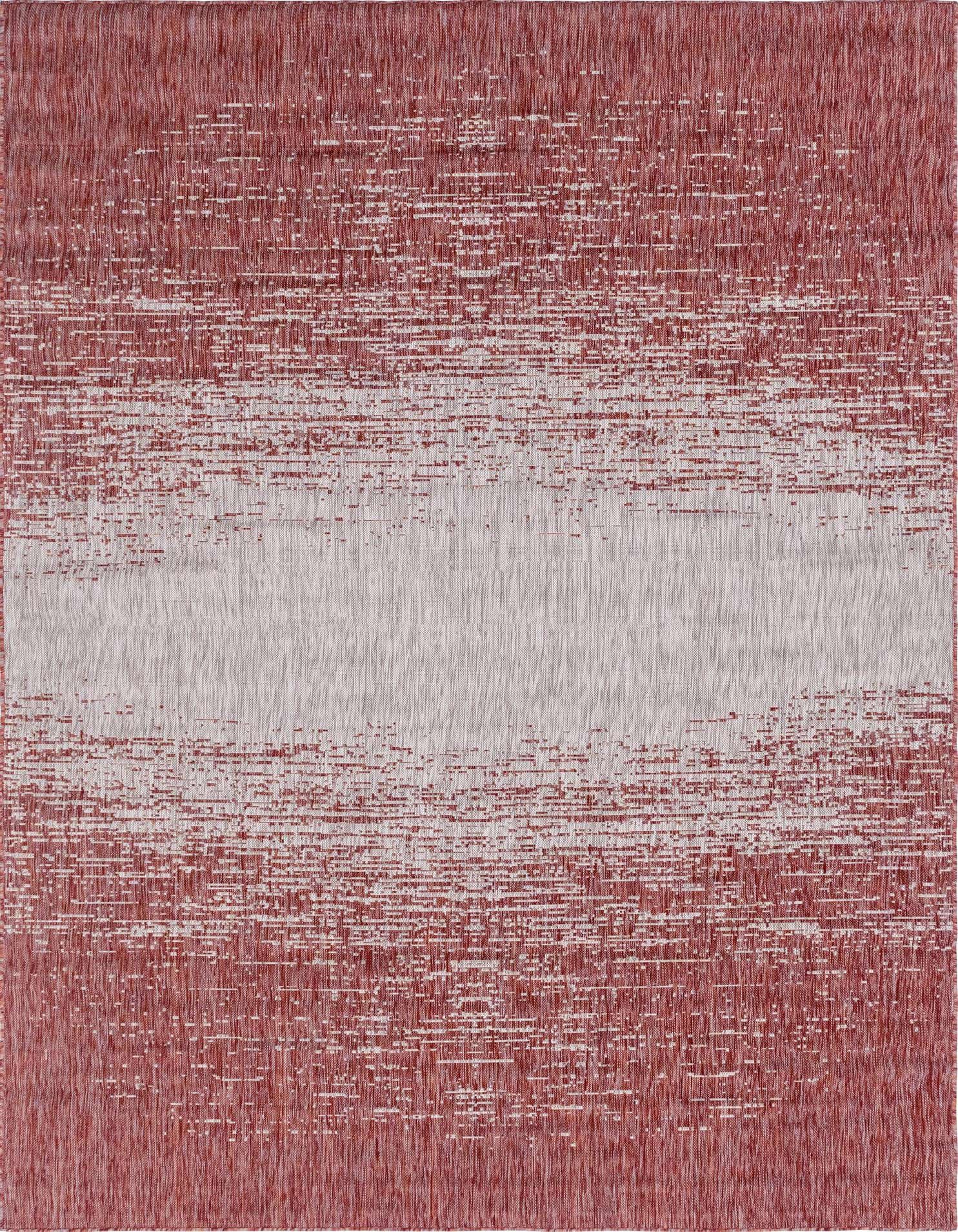 A 7x10 rectangular indoor/outdoor rug featuring a modern, distressed pattern with shades of orange and red fading into a lighter central band.