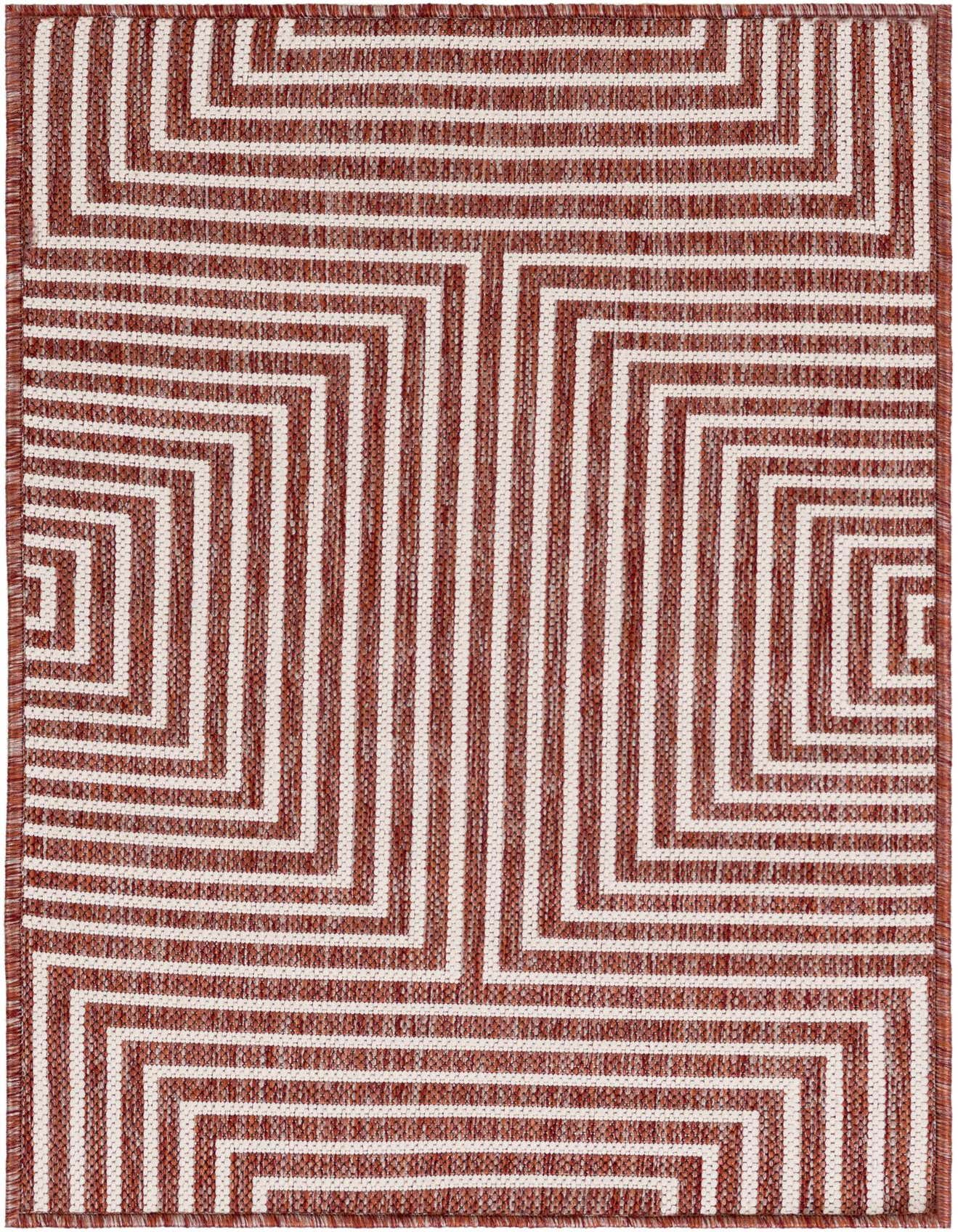 A 2x3 rectangular indoor/outdoor rug featuring a modern abstract pattern of terracotta orange and cream geometric lines.