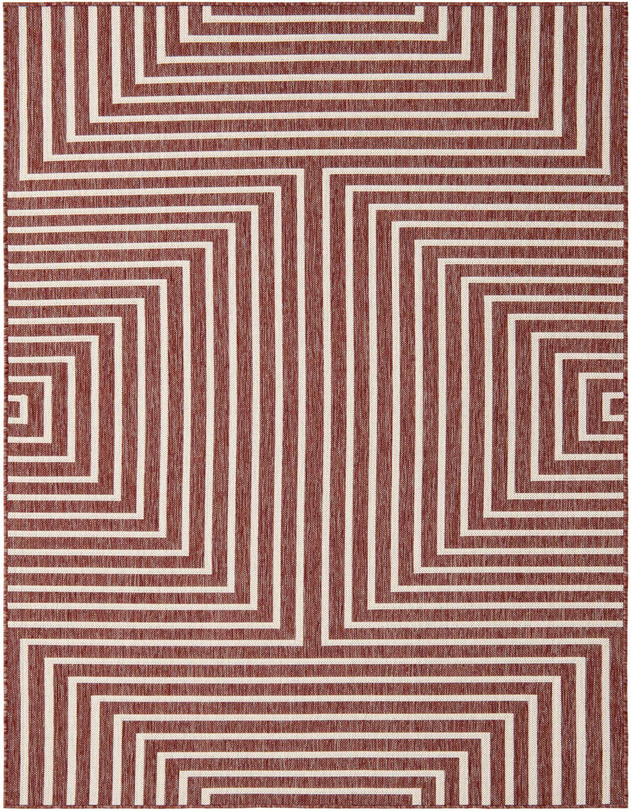A 5x8 rectangular indoor/outdoor rug featuring a modern abstract pattern of thin off-white lines forming concentric squares and vertical stripes on a rich terracotta red background.
