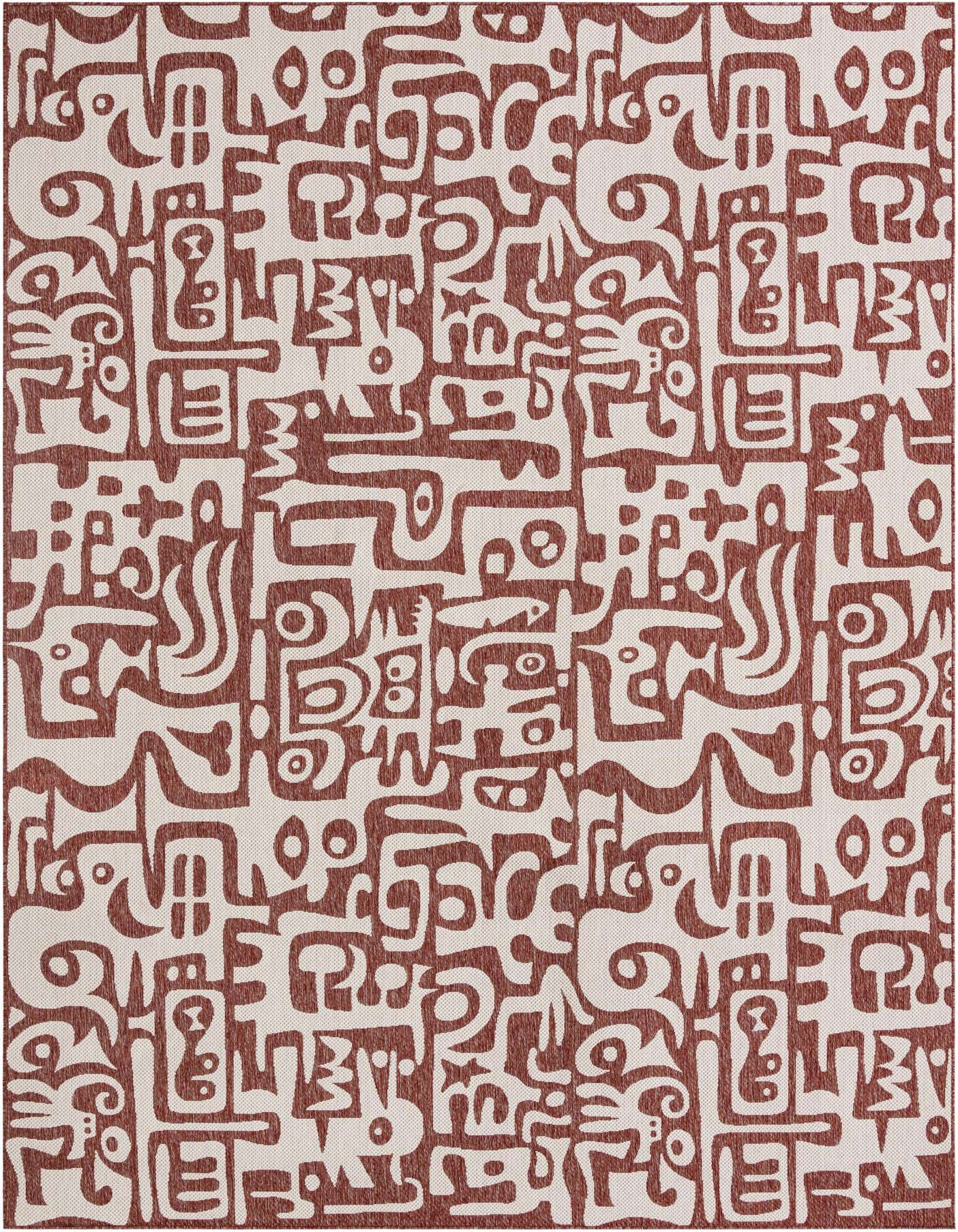A 10x14 rectangular Rugs.com Outdoor Modern rug featuring a bold abstract pattern in shades of orange and red on a cream background, suitable for a patio.