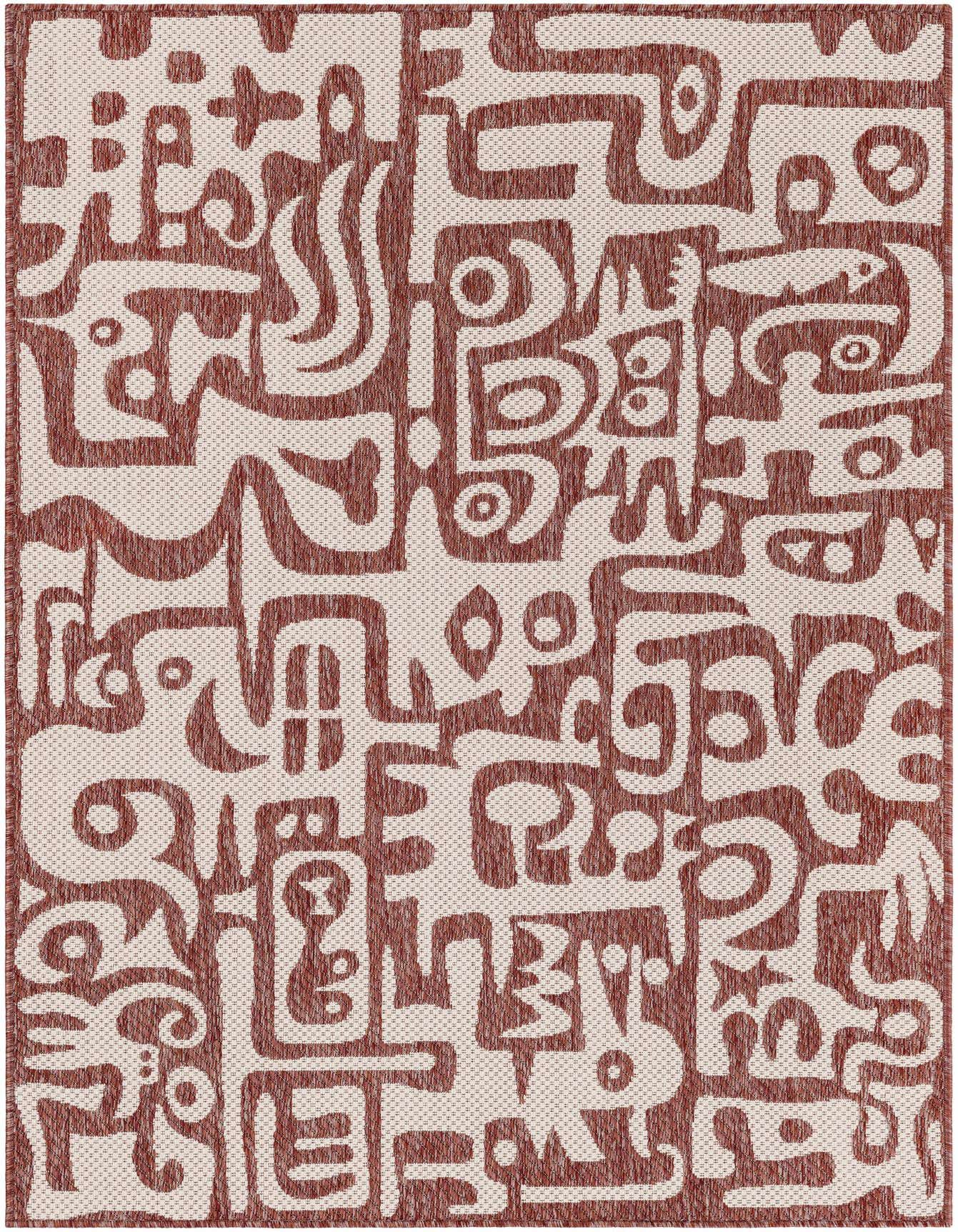 A 4x6 rectangular indoor/outdoor rug featuring a modern abstract pattern in shades of orange and red.