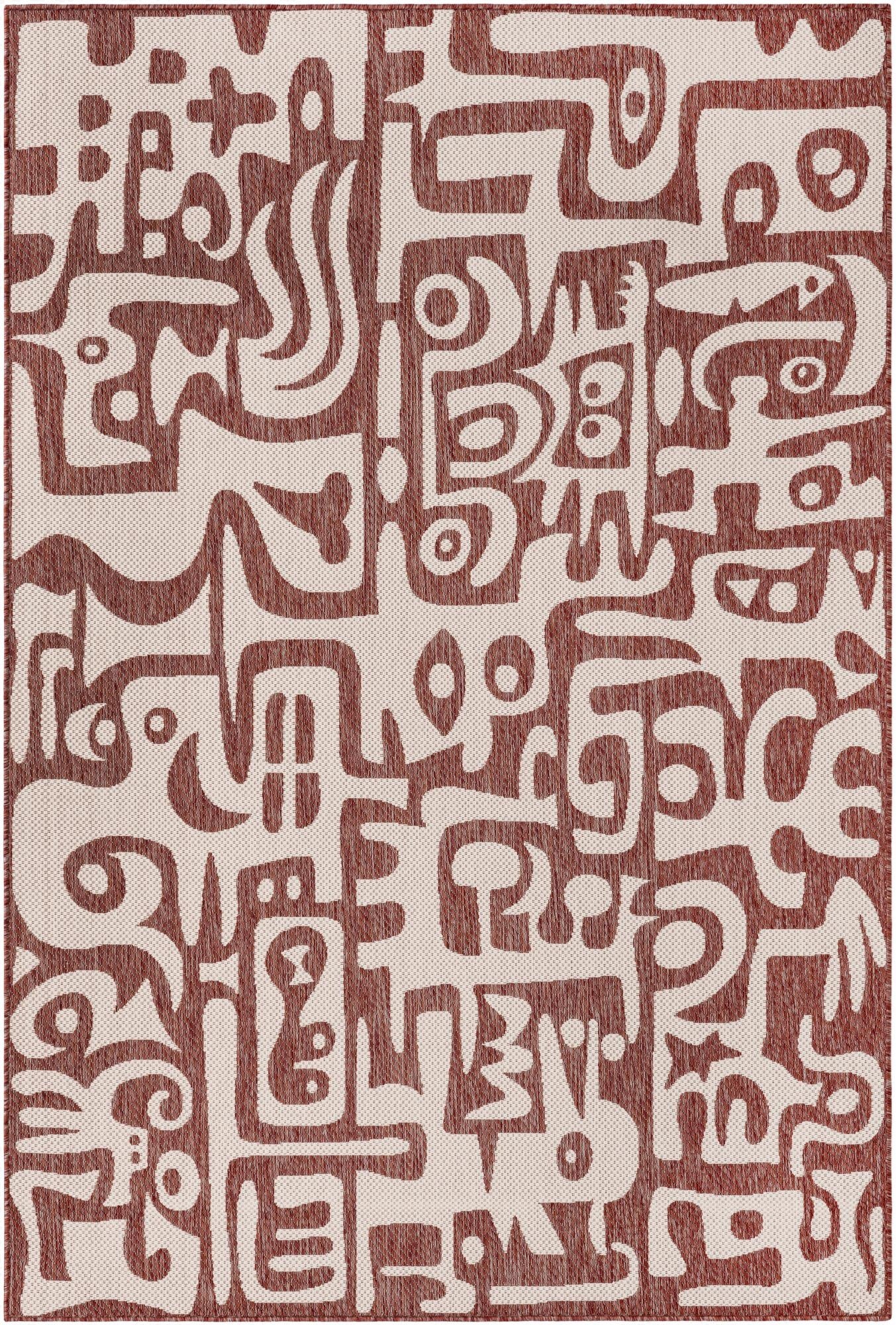 A 6x9 rectangular indoor/outdoor rug featuring a modern abstract pattern in deep orange and off-white.