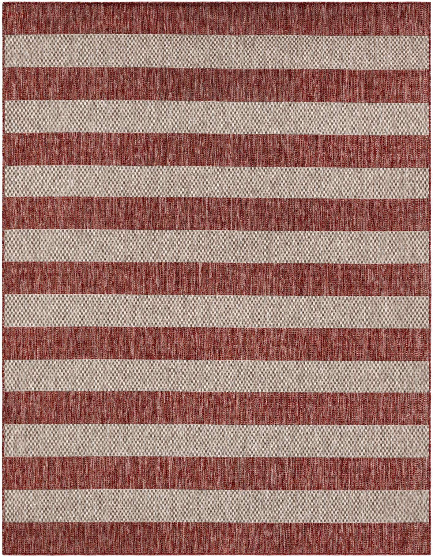 A 7x10 rectangular flatweave rug featuring wide horizontal stripes in alternating terracotta orange and light beige, suitable for indoor or outdoor use.