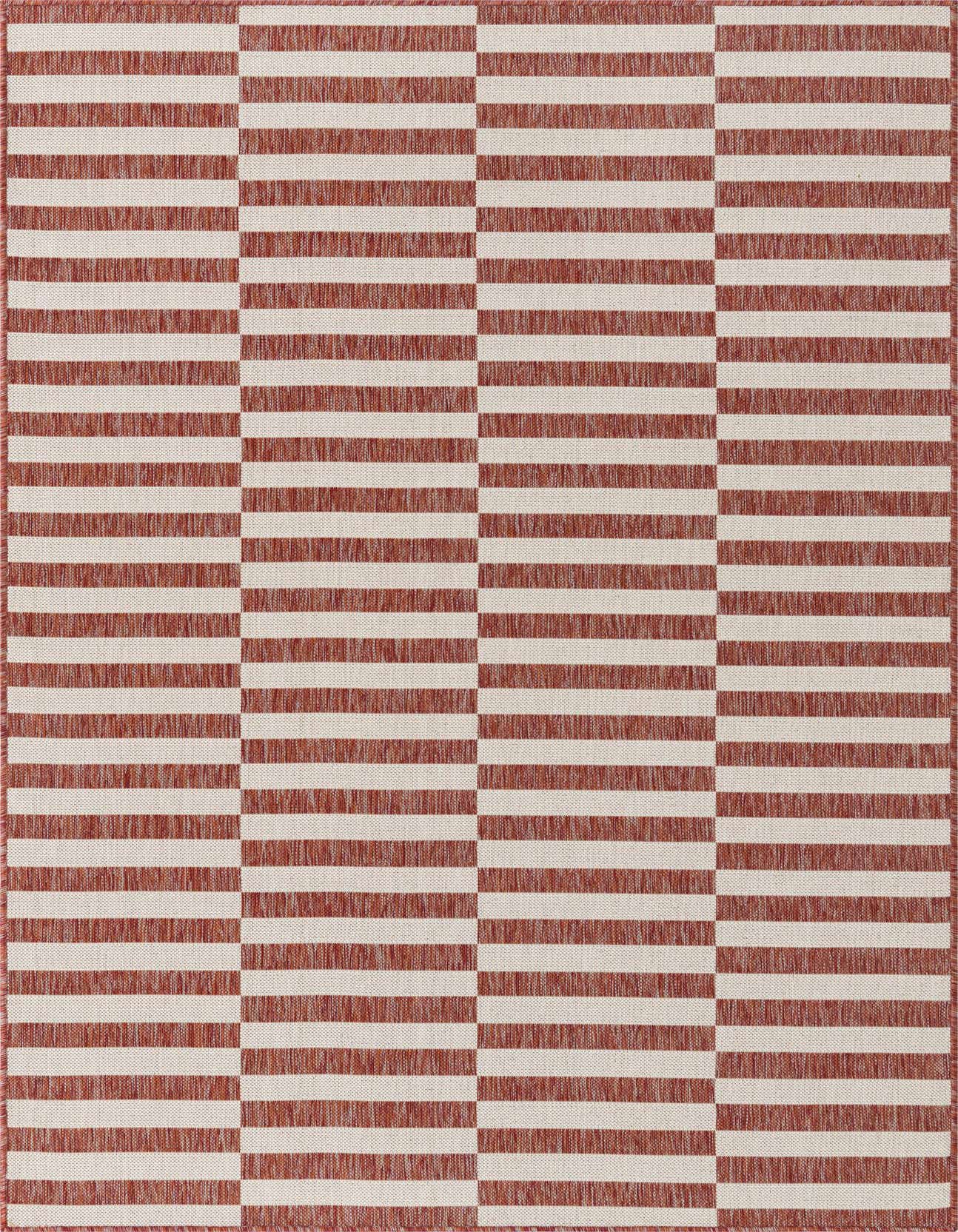 A 5x8 rectangular indoor/outdoor rug featuring a modern Scandinavian stripe pattern in alternating terracotta orange and off-white blocks.