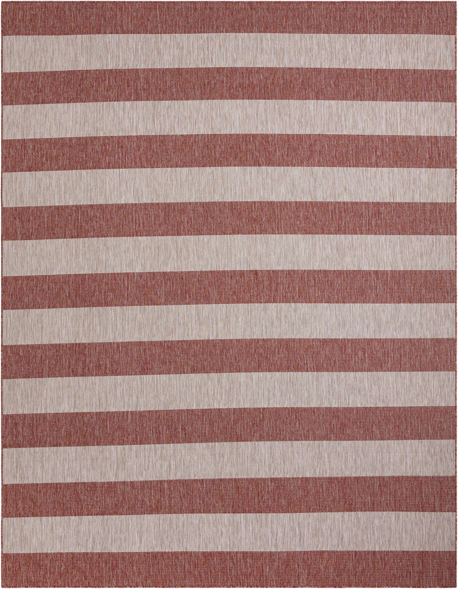 A 10x13 rectangular indoor/outdoor rug featuring wide horizontal stripes in alternating shades of terracotta orange and light beige.