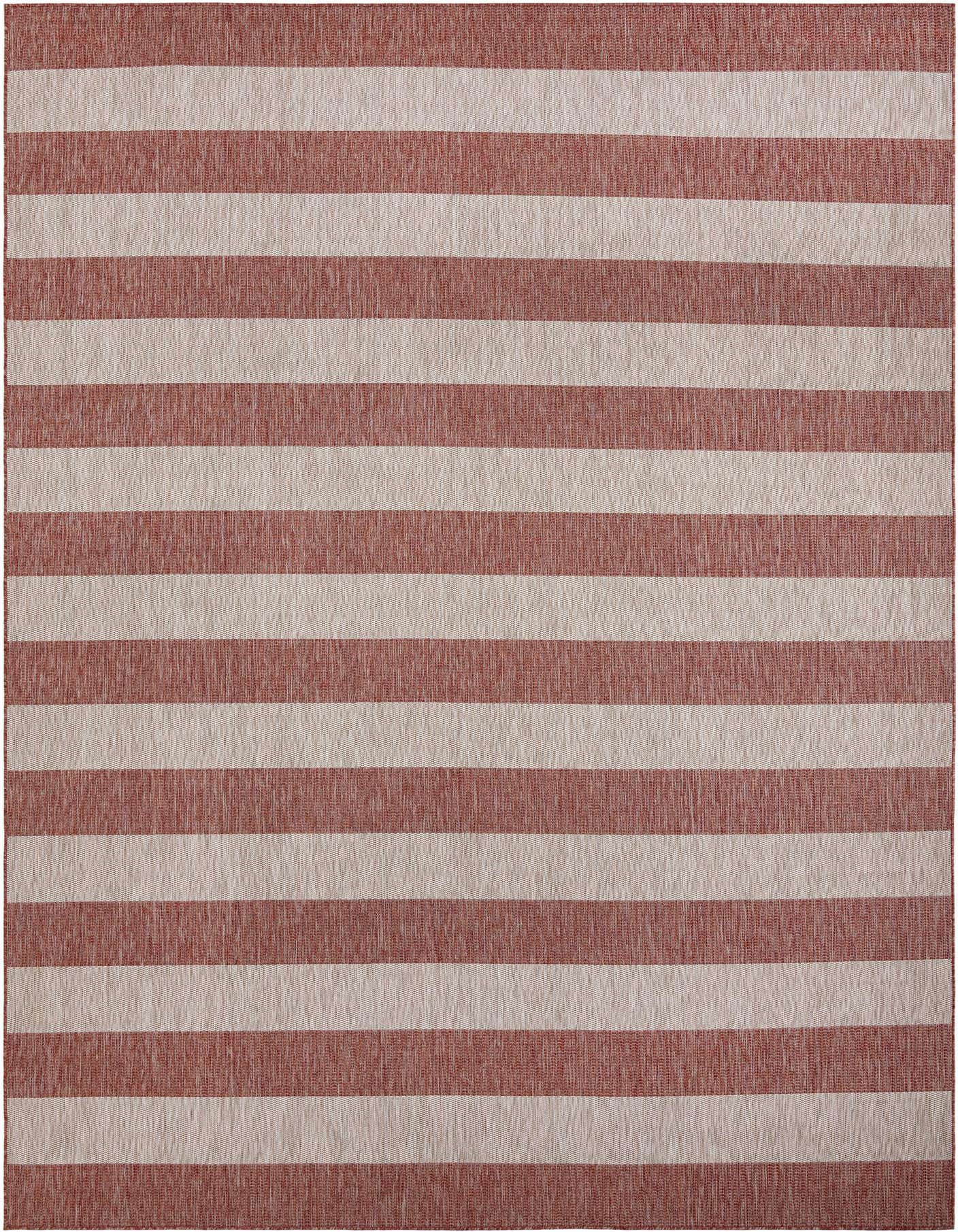 A 10x14 rectangular indoor/outdoor rug with wide horizontal stripes in alternating shades of terracotta orange and light beige.