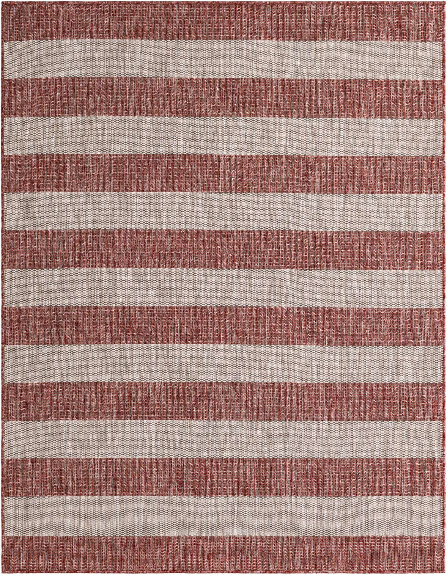 A 5x7 rectangular indoor/outdoor rug featuring bold horizontal stripes in alternating terracotta orange and light beige.
