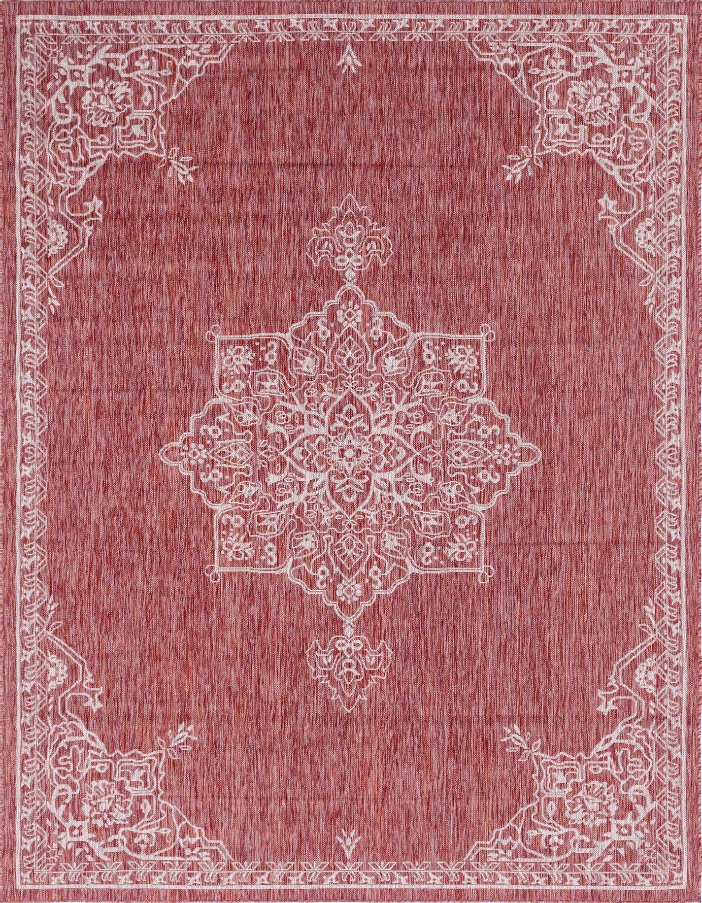 An 8x11 rectangular indoor/outdoor rug featuring a traditional medallion pattern in white against a textured orange-red background.