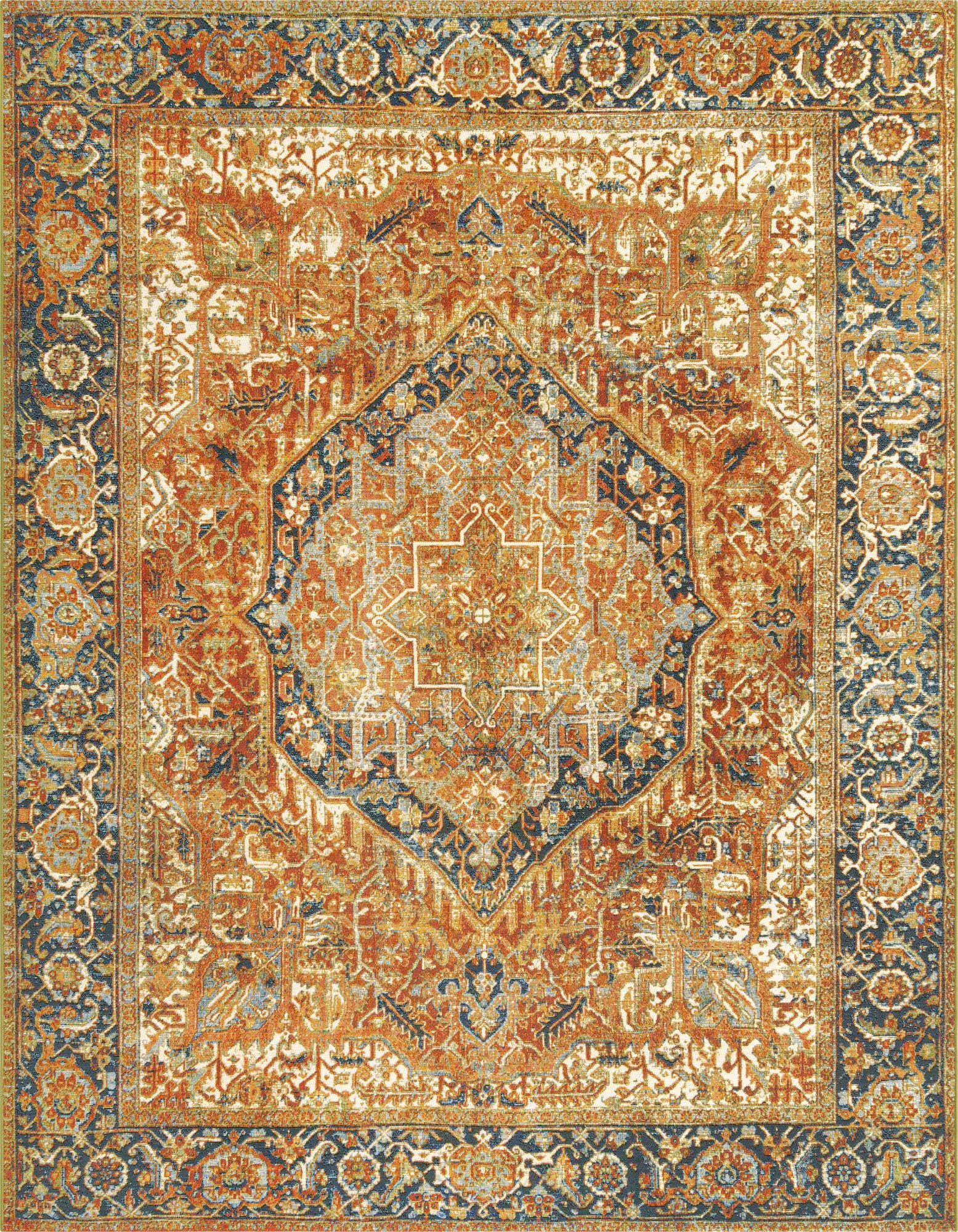An 8x10 rectangular traditional rug featuring a rich medallion pattern in shades of orange, red, and navy blue, suitable for indoor or outdoor spaces.
