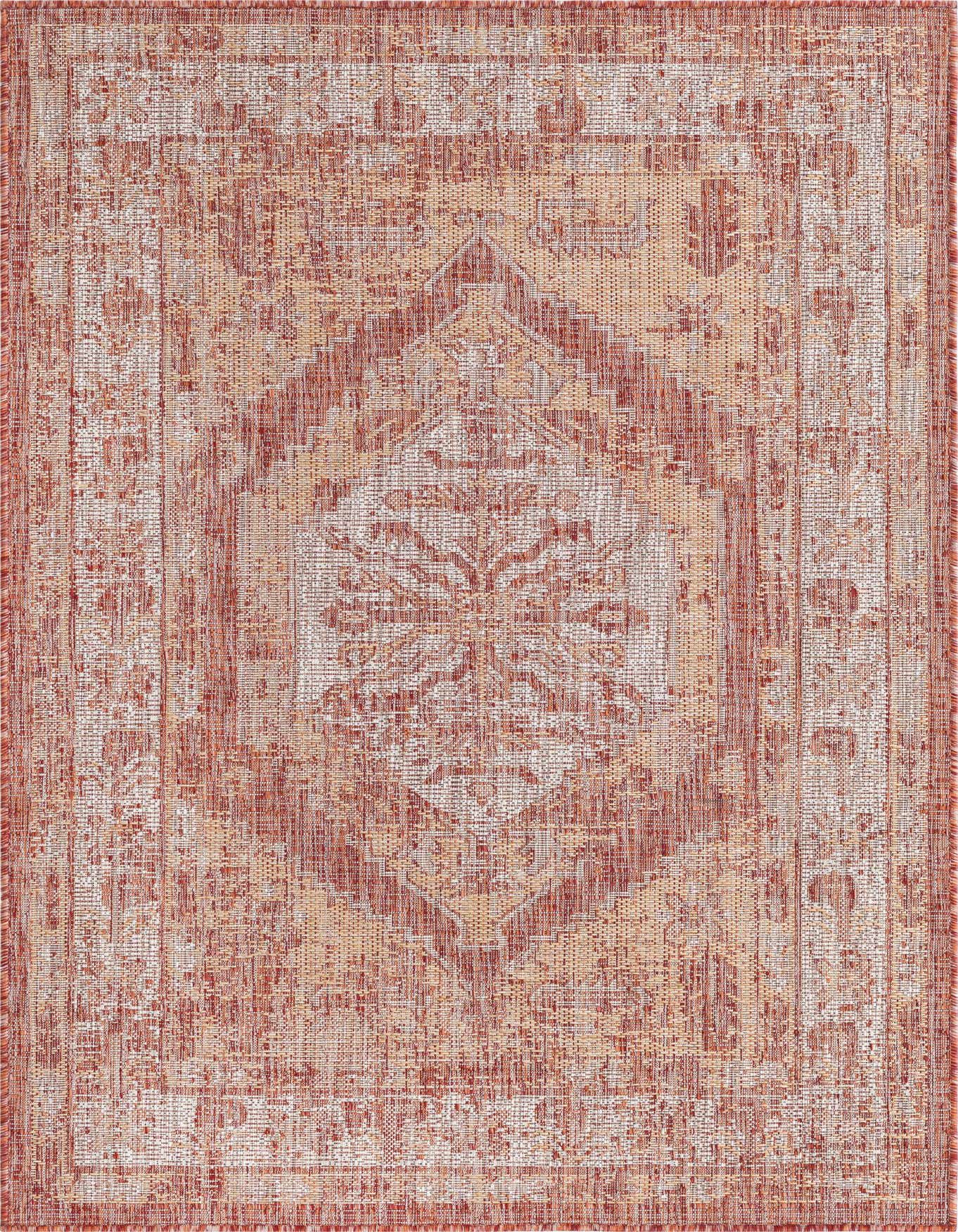 A 4x6 rectangular indoor/outdoor rug featuring a distressed Southwestern medallion pattern in shades of orange and red.