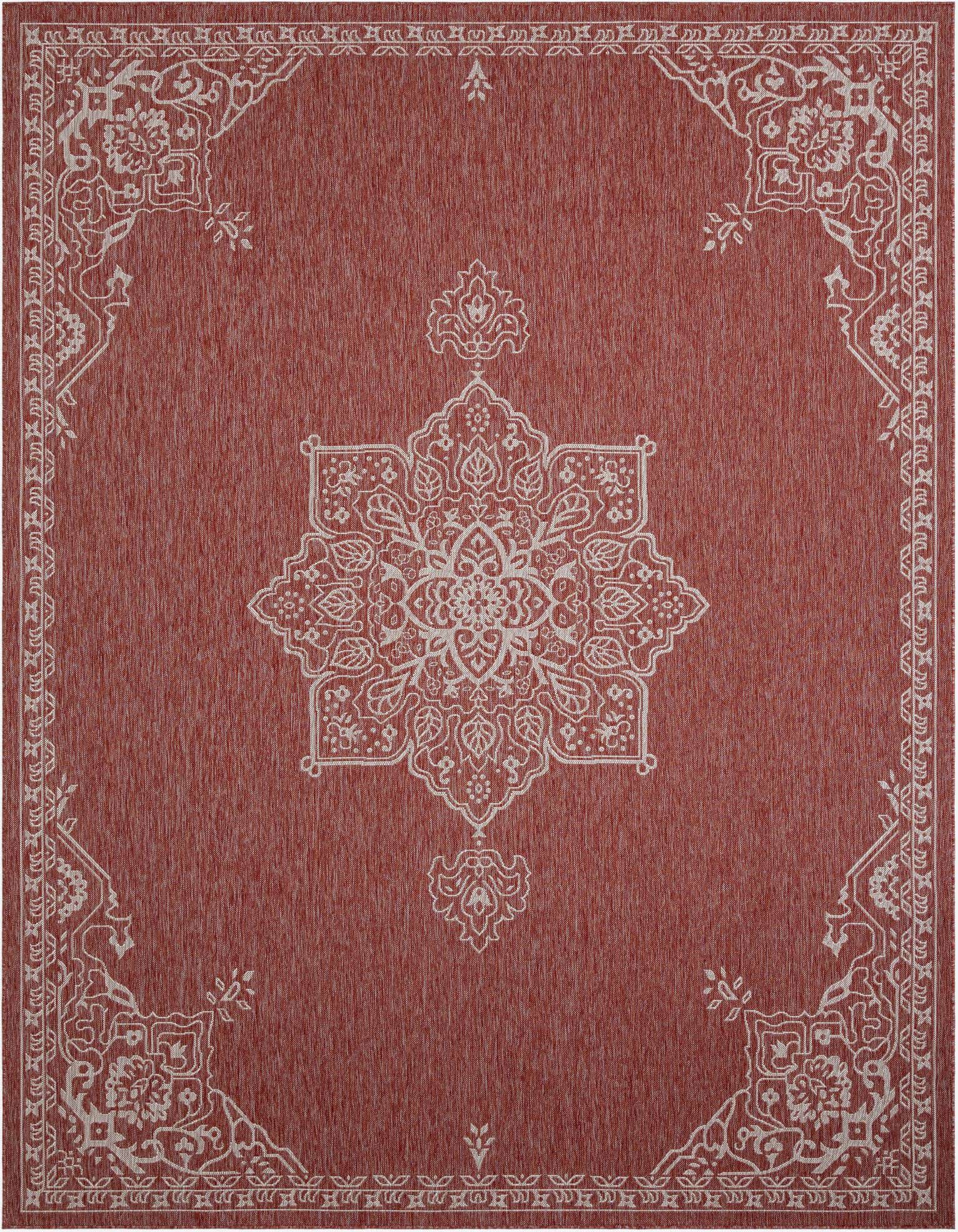 A 10x13 rectangular orange and red outdoor rug featuring a central medallion and ornate traditional border.