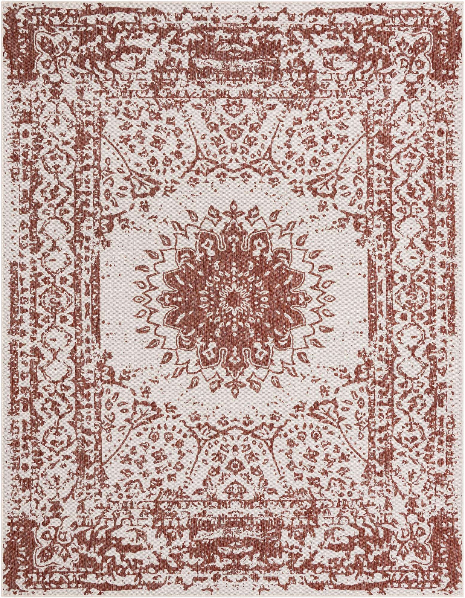 An 8x10 rectangular indoor/outdoor rug with a distressed traditional medallion pattern in terracotta orange and cream.