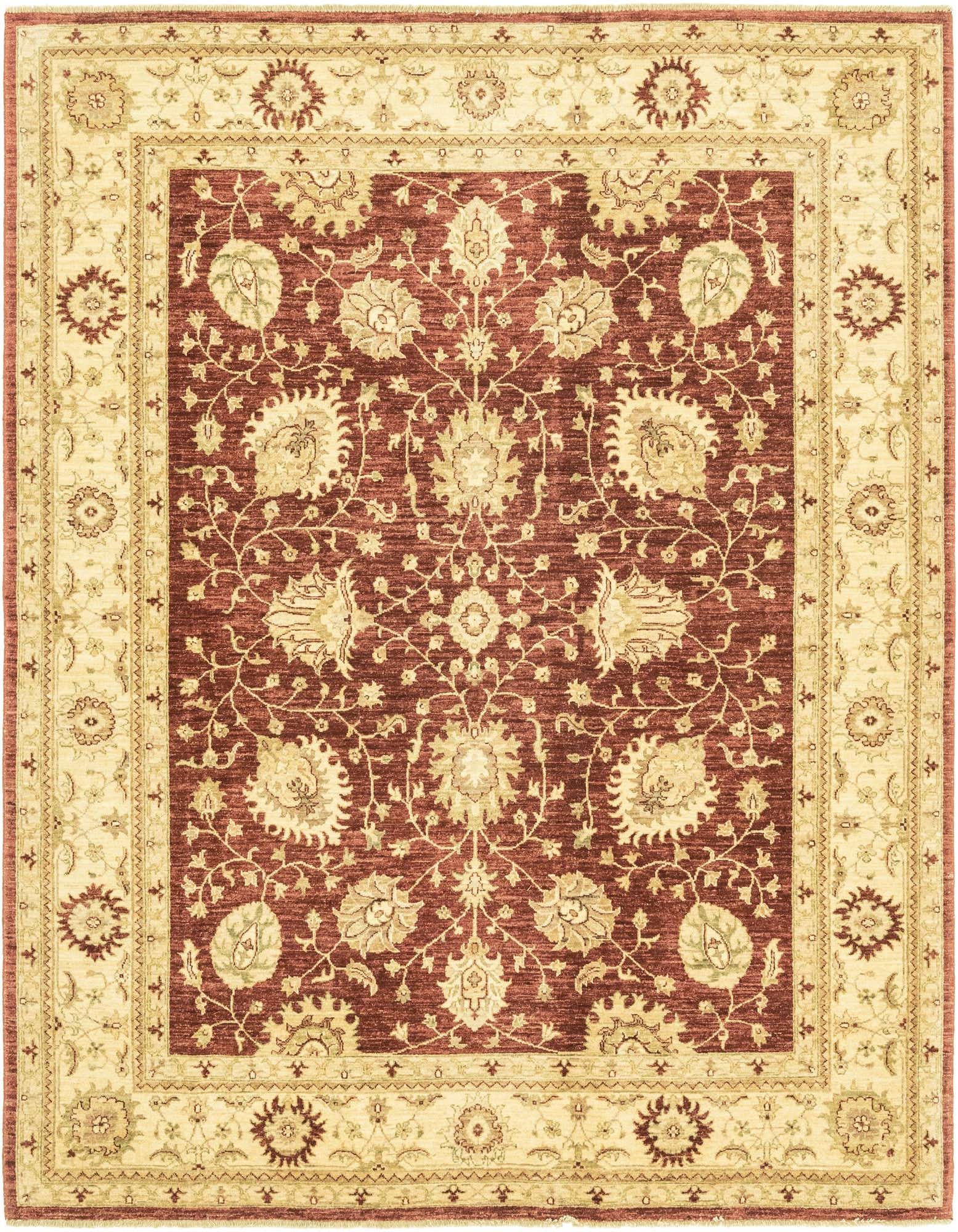 A 6x9 rectangular Peshawar Ziegler rug with a deep red field and intricate cream botanical and floral patterns, framed by a wide cream border with complementary designs.