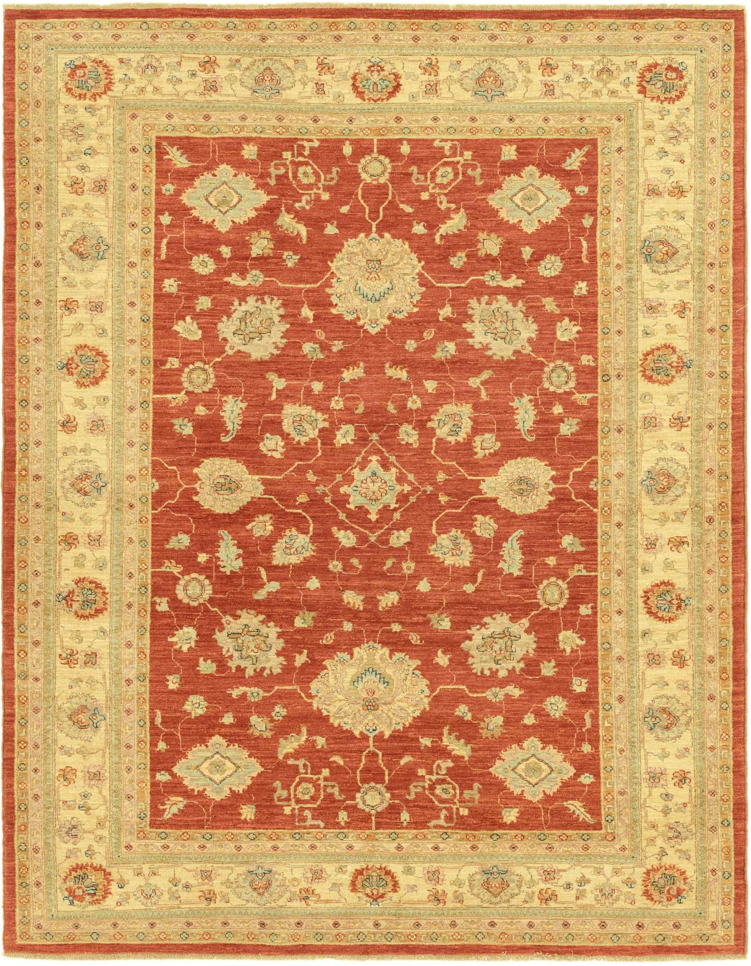 A 6x9 rectangular Peshawar Ziegler rug with a red field and a cream border, featuring intricate traditional floral and botanical patterns.