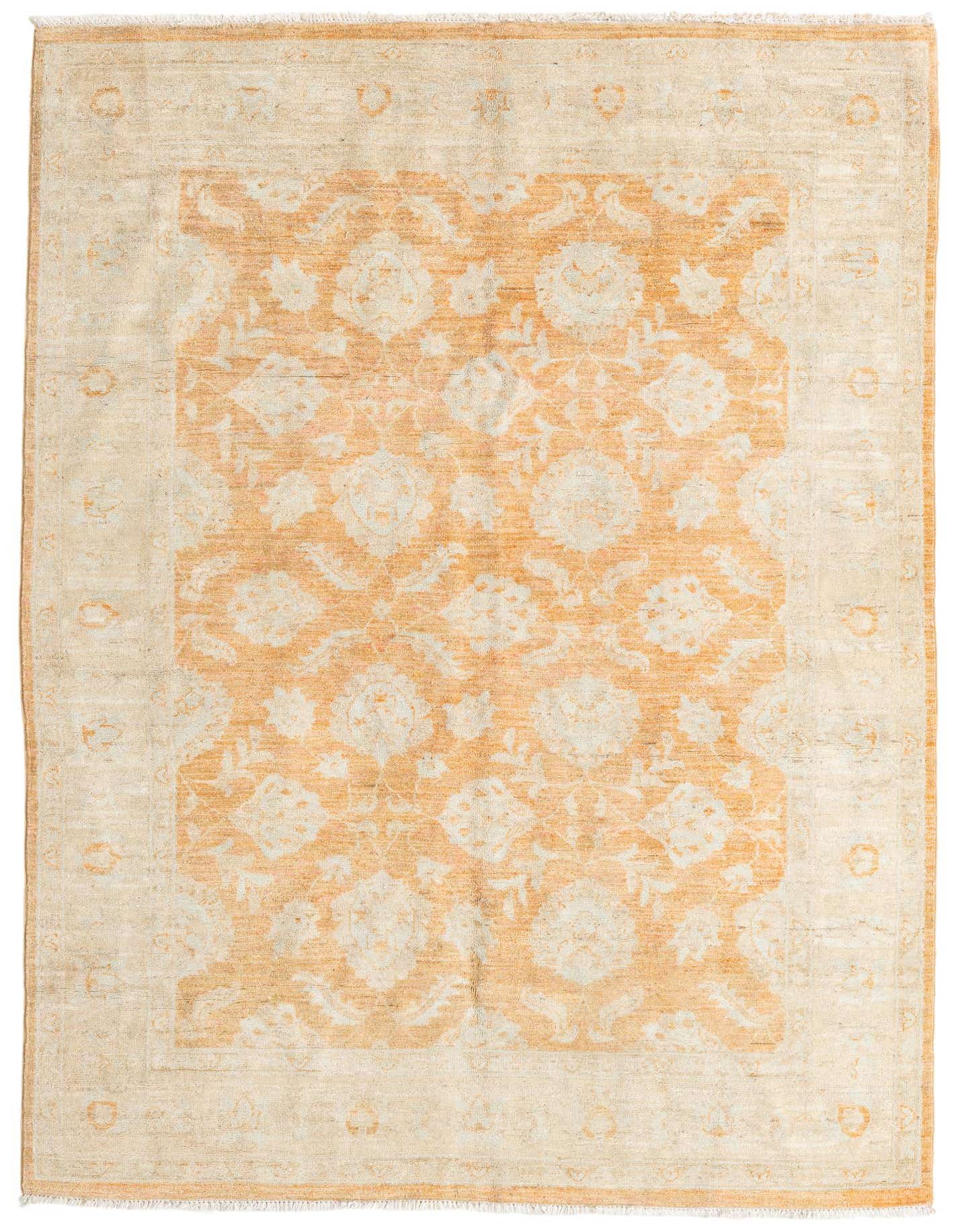 A 5x8 rectangular Peshawar Ziegler rug featuring a traditional orange and red floral pattern with a light border, made from hand-spun wool.