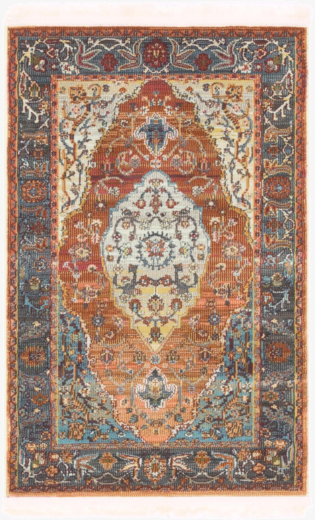 A 2x3 rectangular Santiago rug featuring a vibrant medallion pattern in oranges, reds, and blues with a traditional border.