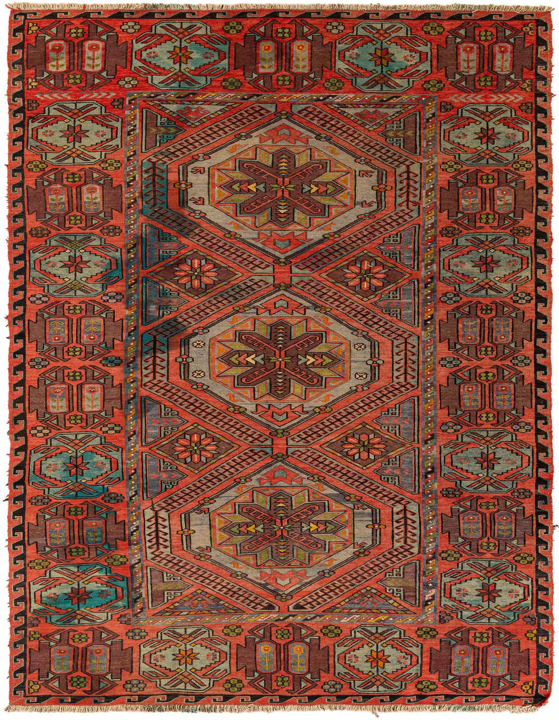 A 7x10 rectangular Sumak rug featuring a vibrant traditional pattern in oranges, reds, and teal, with a flat pile.