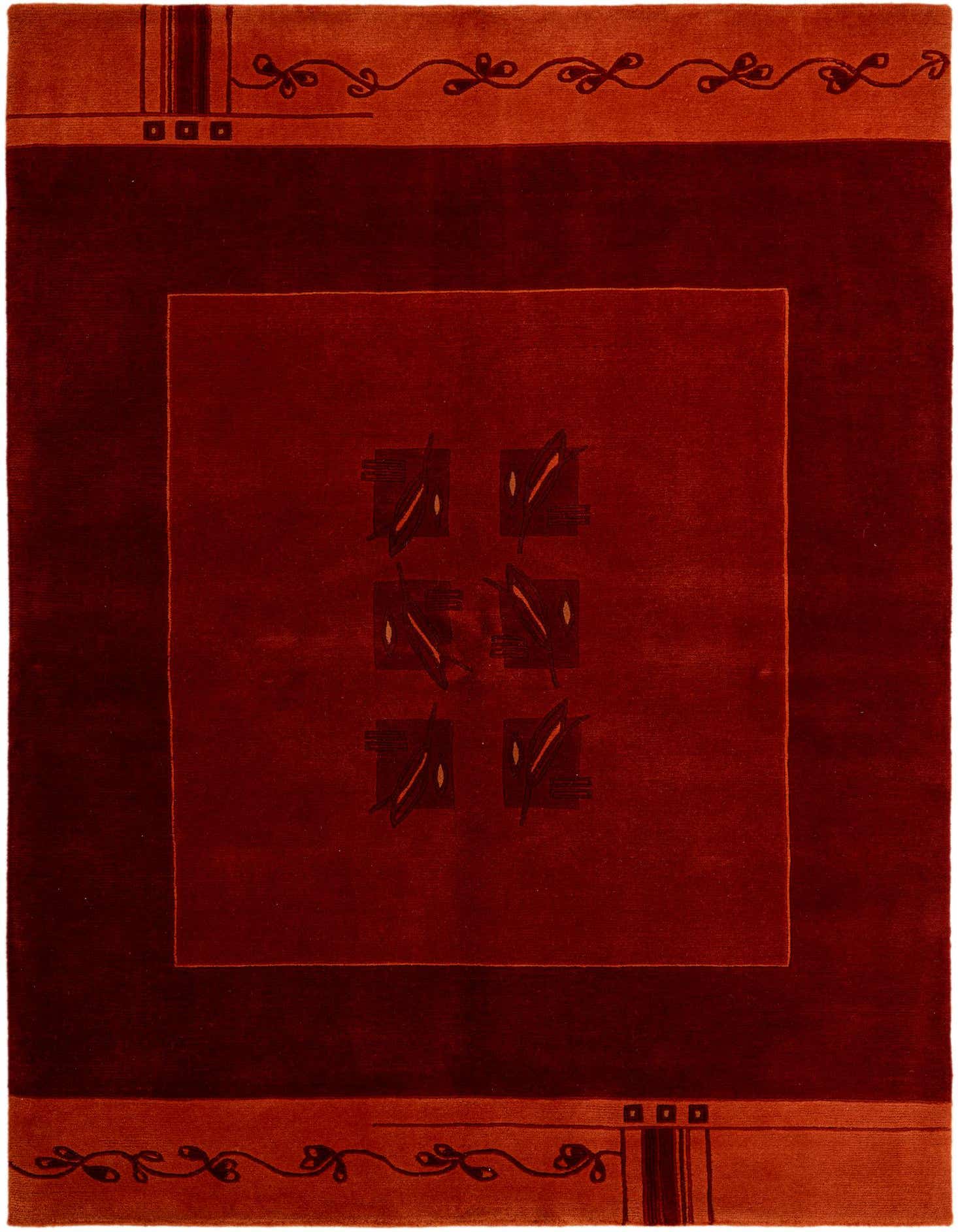 A 5x8 rectangular modern wool rug in shades of orange and red, featuring an abstract geometric pattern.