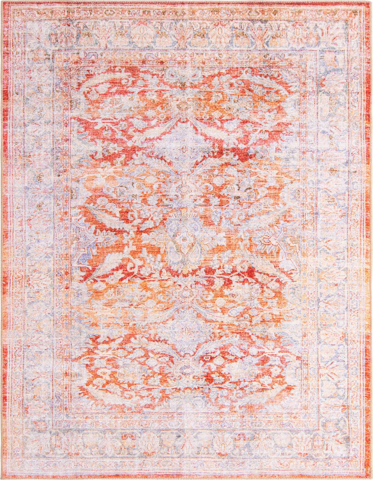 A 5x8 rectangular orange and red traditional area rug with a vintage-inspired distressed pattern, ideal for a living room.
