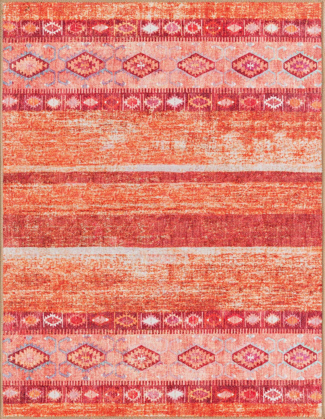 A 3x5 rectangular orange and red transitional rug with tribal patterns and stripes, featuring a flatweave texture.