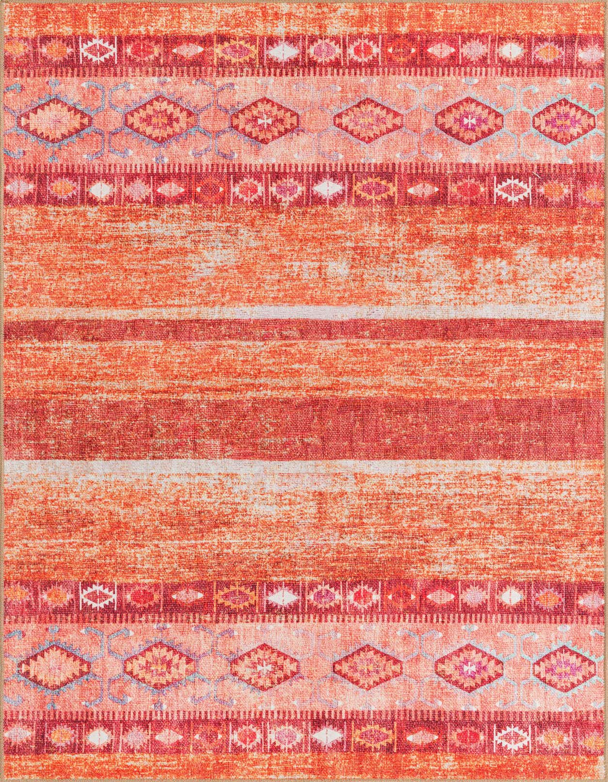 A 5x8 rectangular orange and red transitional rug with tribal stripe patterns and a flat, textured pile.