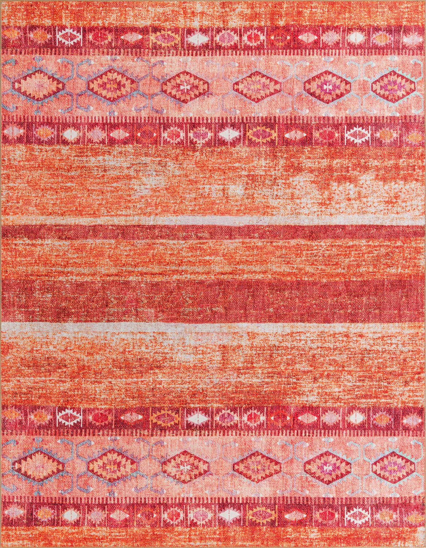 8x12 rectangular orange and red rug with tribal and striped patterns, suitable for indoor spaces.