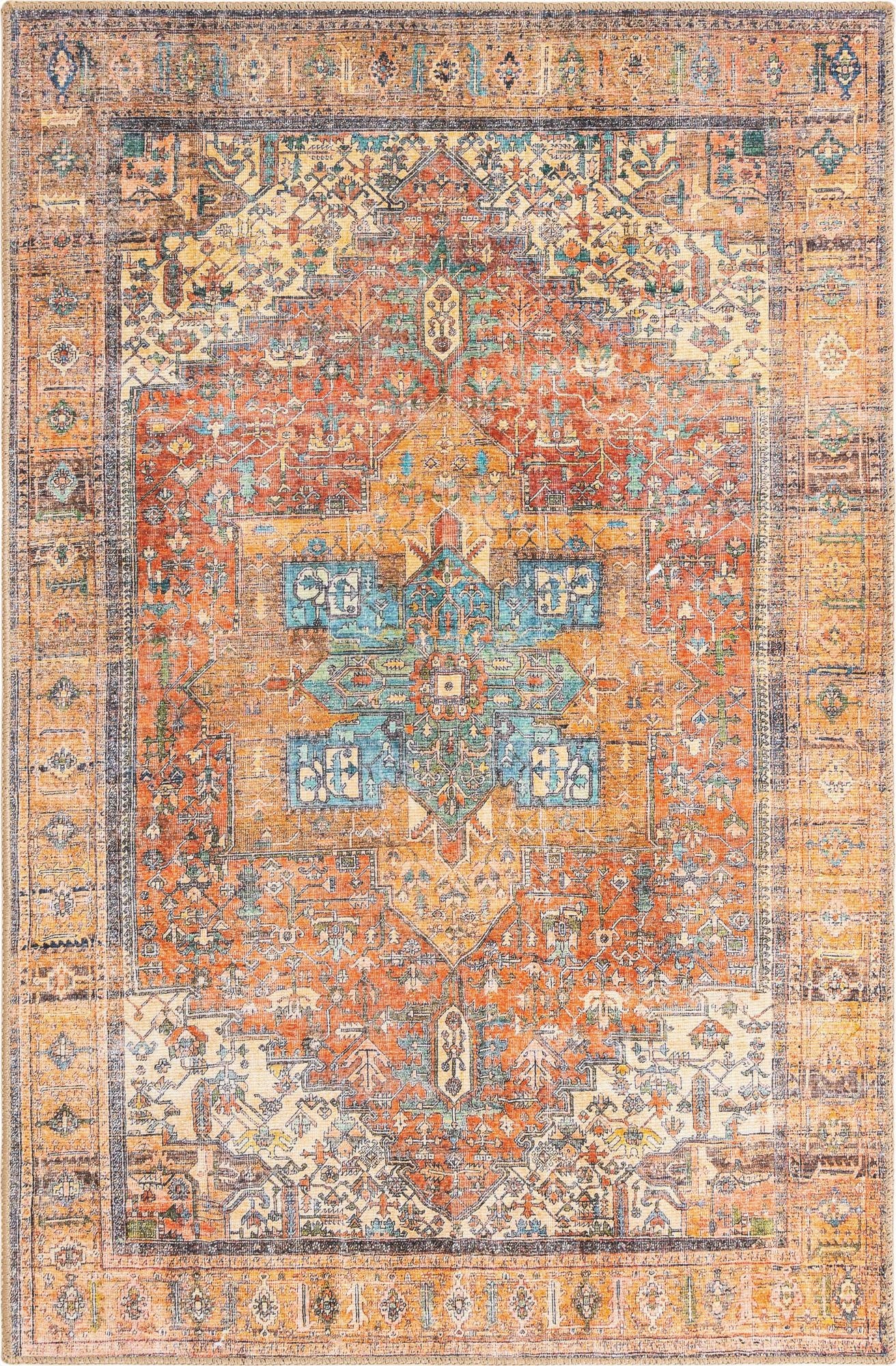 A 3x5 rectangular orange and red transitional rug with a distressed vintage medallion pattern, ideal for an indoor living space.