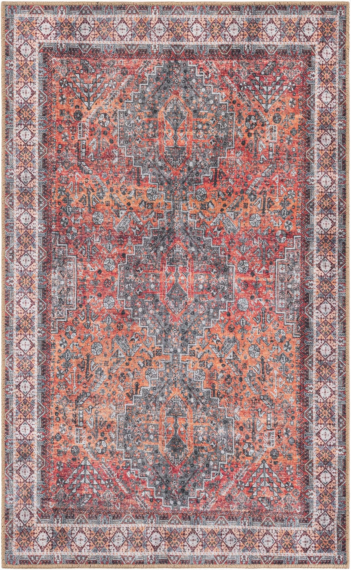 A 3x5 rectangular orange and red area rug with a distressed traditional pattern and a decorative border, suitable for an indoor space.