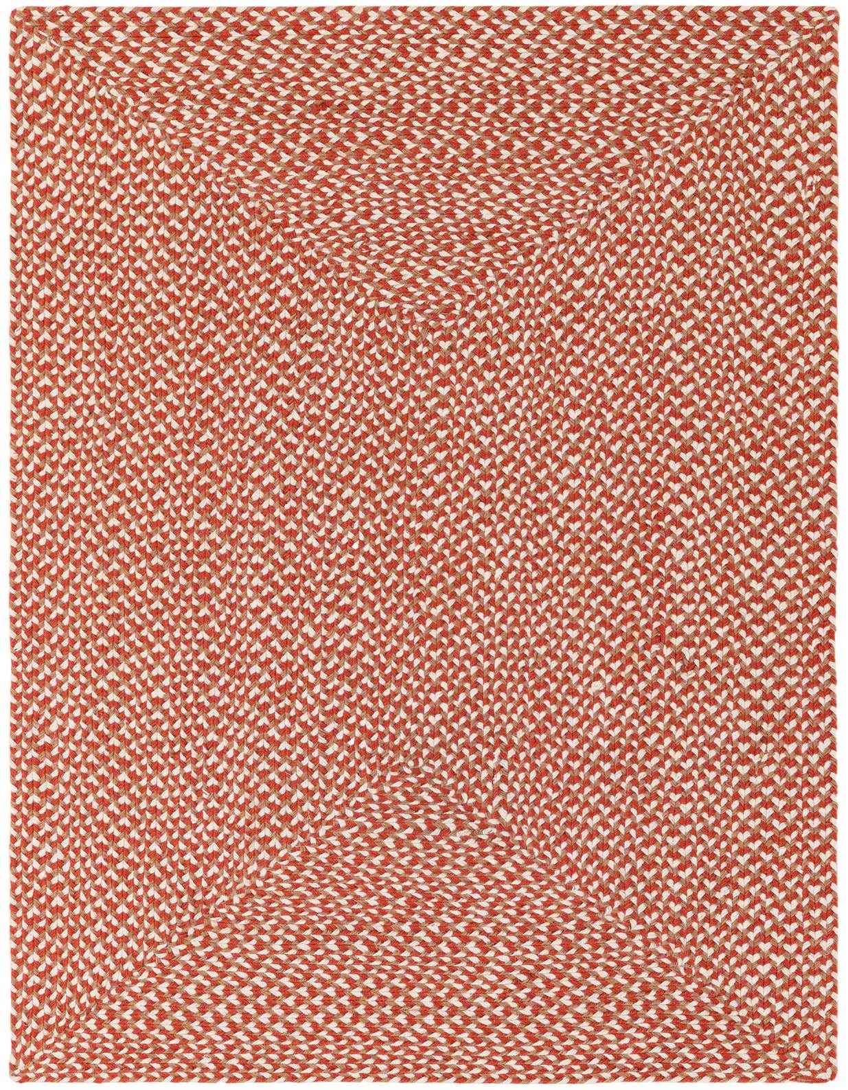 A 3x5 rectangular braided jute rug in shades of orange and red, featuring a tight, textured weave.