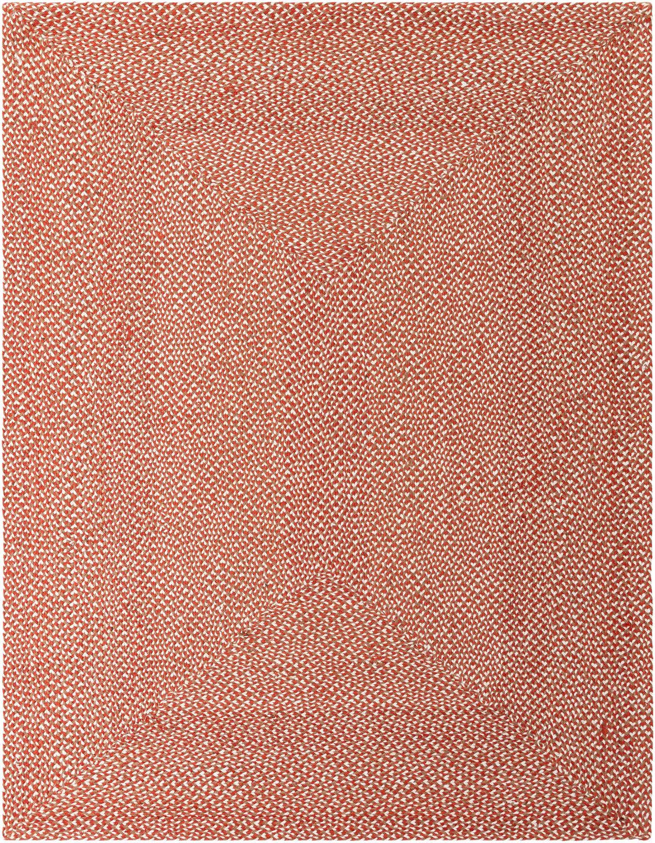 A 6x9 rectangular Rugs.com Tweed Braided Jute rug in a vibrant orange and red geometric pattern.