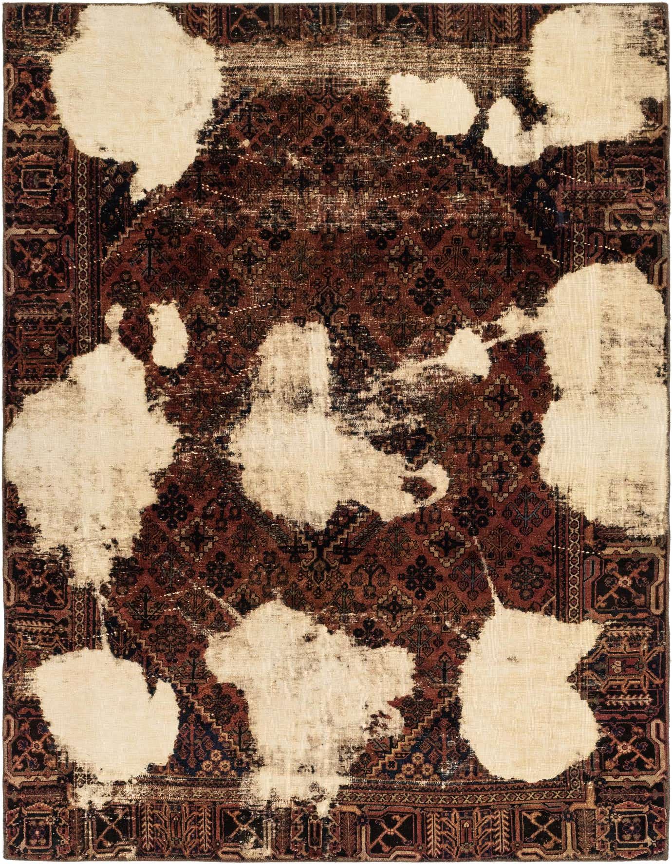 A 7x10 rectangular Ultra Vintage rug featuring a distressed Persian pattern in oranges and reds with prominent cream-colored abstract patches.