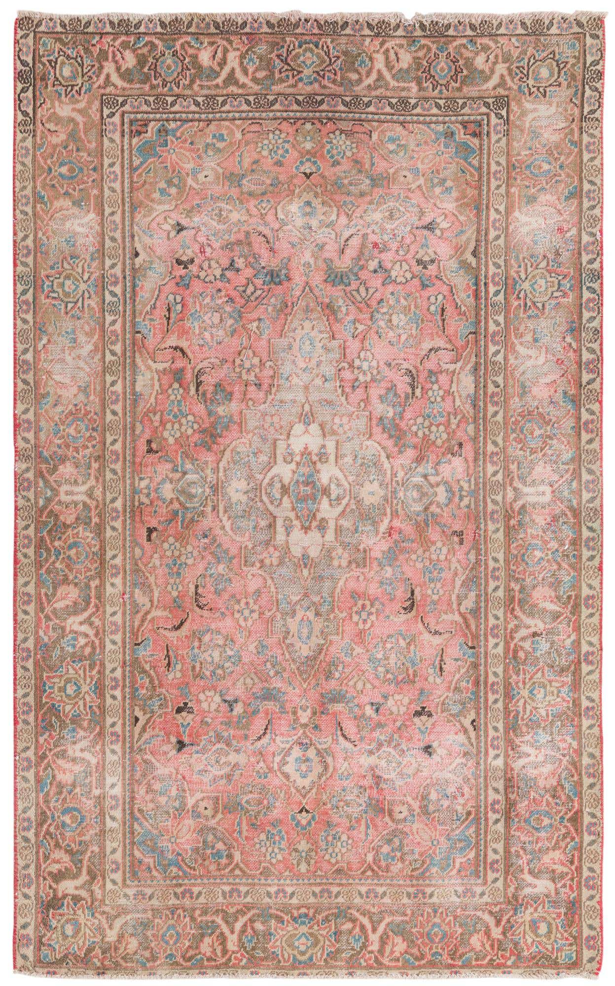 A 4x6 rectangular Ultra Vintage Persian rug in shades of faded orange, red, and blue with a central medallion and ornate border.