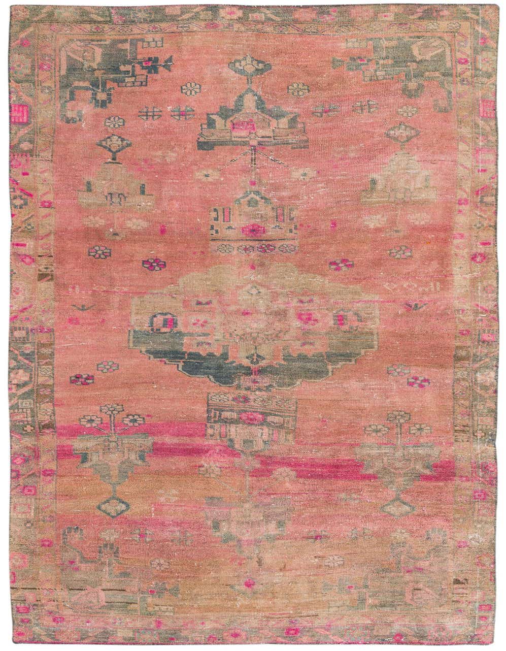 A 5x8 rectangular orange and red Persian rug with a faded medallion pattern, ideal for a living room.