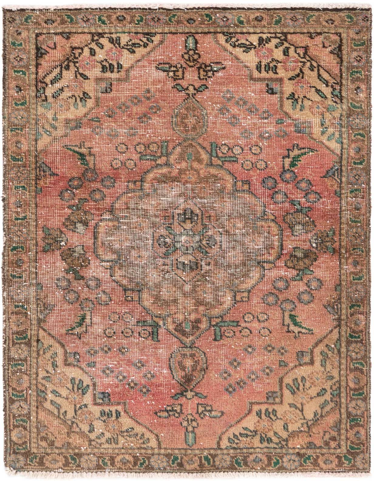 A 3x5 rectangular orange and red Persian rug with a faded vintage medallion pattern and floral accents.