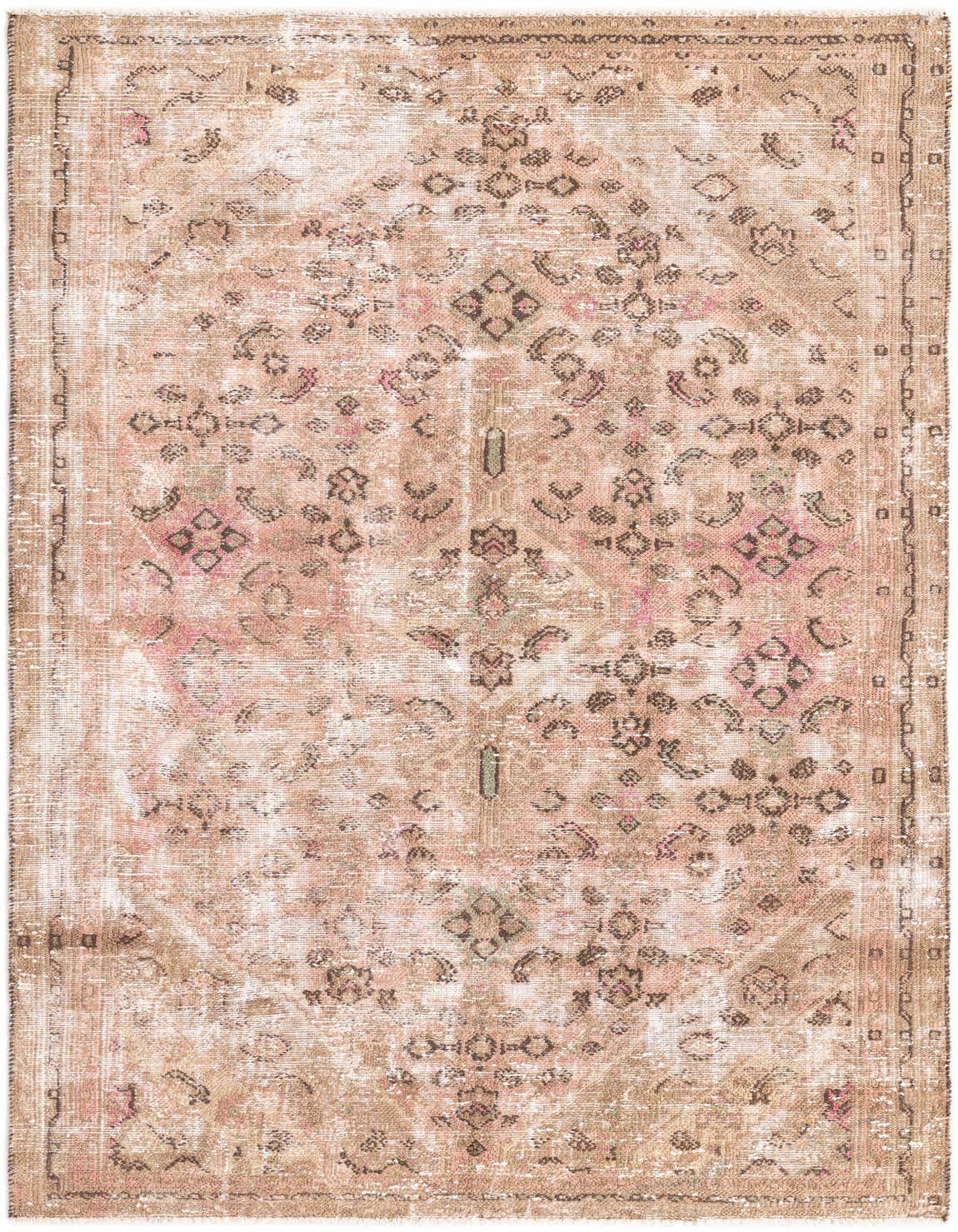 A 5x8 rectangular Ultra Vintage wool rug in distressed oranges and reds with a faded Persian medallion pattern.