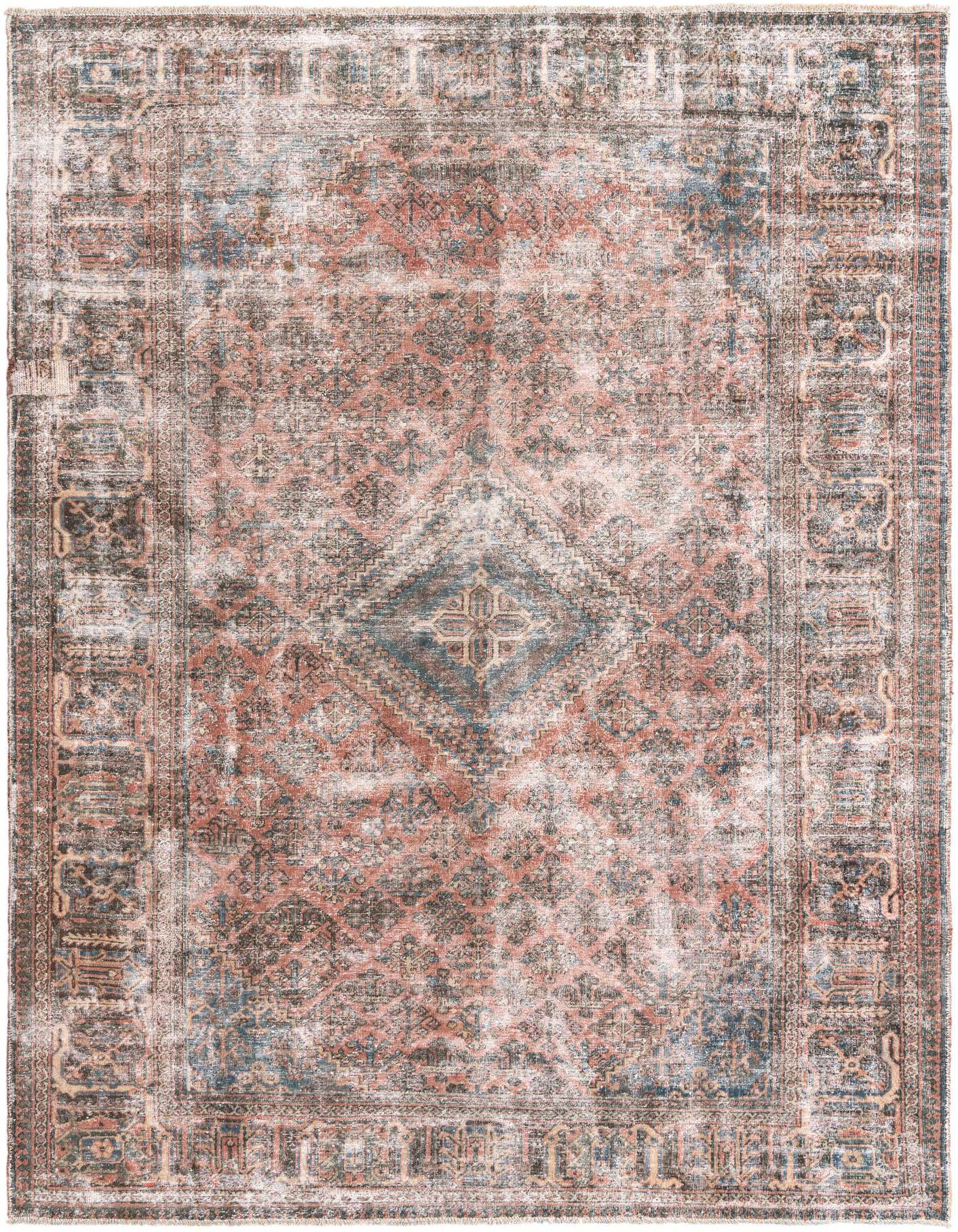 A 7x10 rectangular Ultra Vintage rug featuring a distressed Persian medallion pattern in shades of orange, red, and blue.
