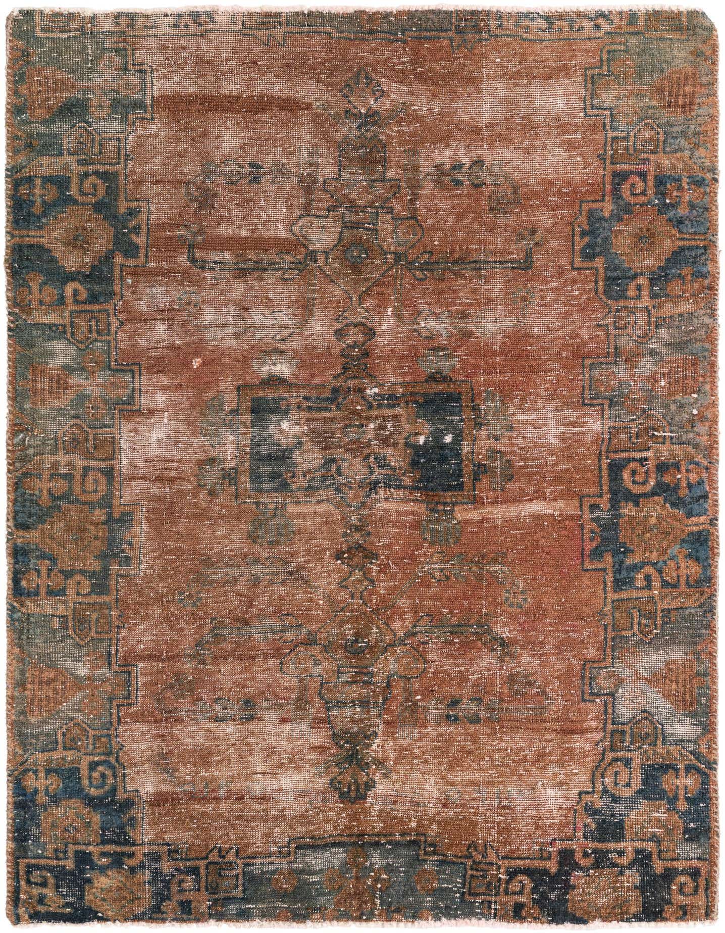 A 4x6 rectangular Ultra Vintage wool rug featuring a distressed orange and red field with a faded traditional Persian medallion and border design in dark blue and brown.