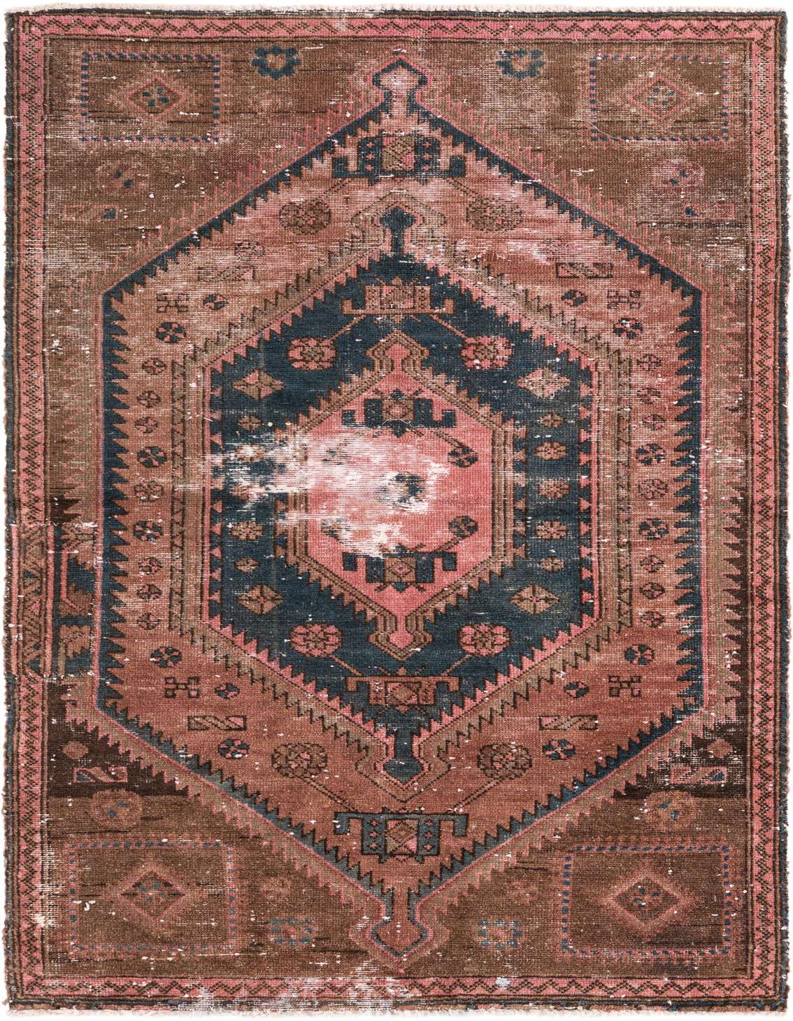 A 3x5 rectangular Ultra Vintage wool rug featuring a distressed Persian medallion pattern in shades of orange, red, and deep blue.