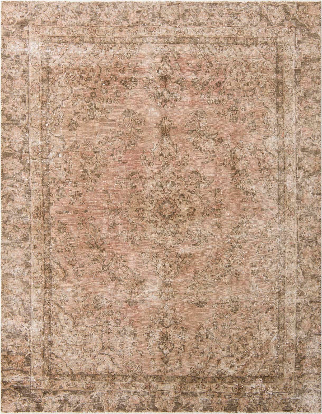 A 7x10 rectangular orange and red Persian-style wool rug with a faded medallion pattern, suitable for a living room.