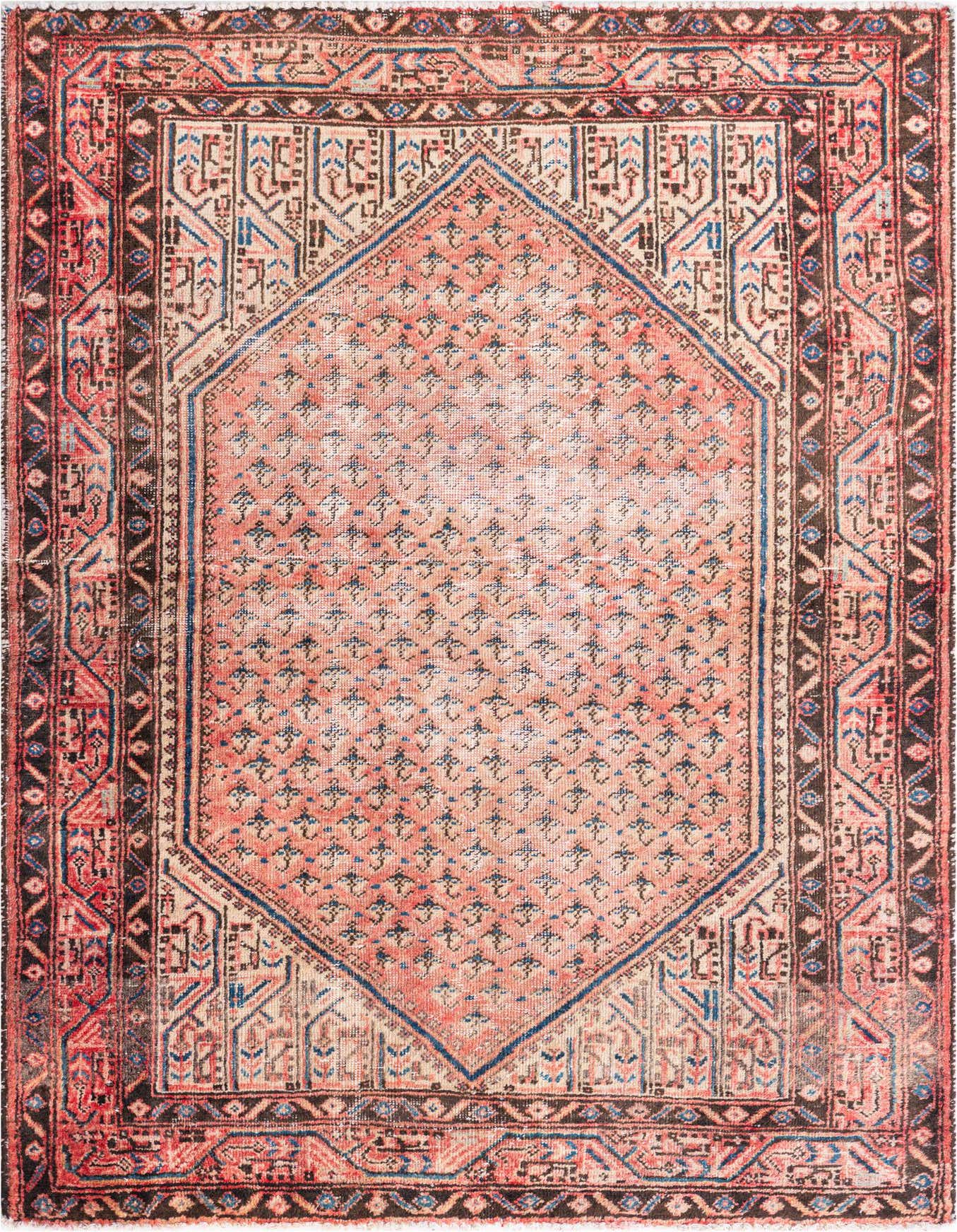A 4x6 rectangular Ultra Vintage Persian rug with a faded orange and red field, intricate blue and black geometric patterns, and a dark border.