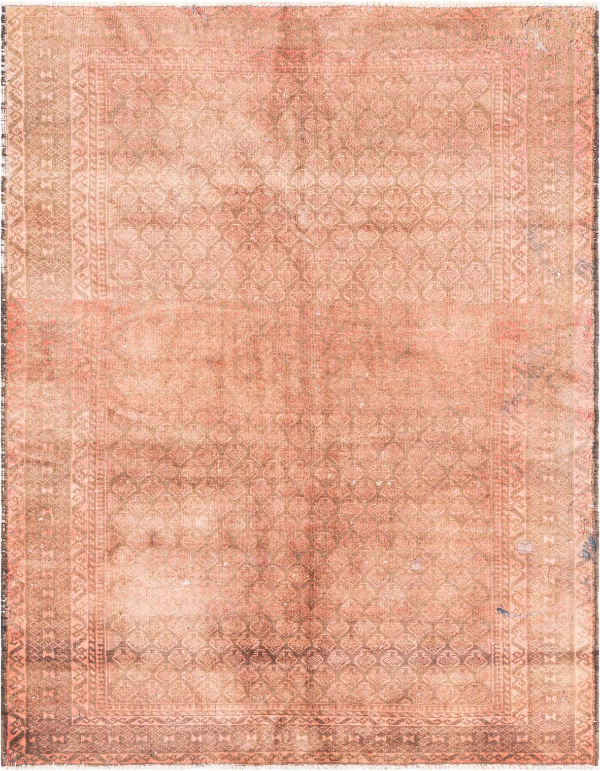 A 4x6 rectangular Ultra Vintage rug in faded oranges and reds with a distressed Persian pattern and border.
