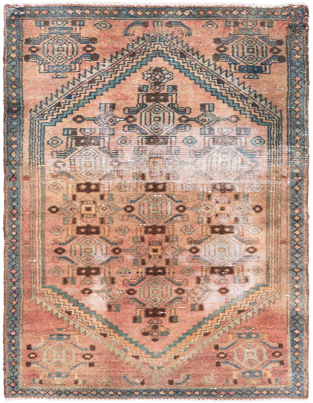 A 3x5 rectangular orange and red Persian-style wool rug with intricate geometric patterns in blue, brown, and cream.