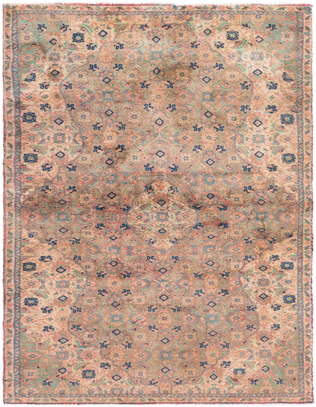 A 4x6 rectangular Ultra Vintage Persian wool rug with a distressed orange, red, and blue floral pattern.