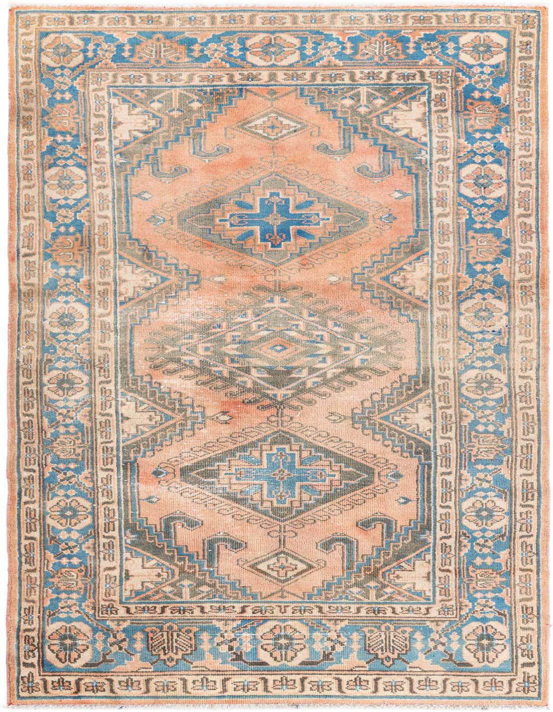 A 4x6 rectangular Ultra Vintage Persian rug with a faded orange and red field, featuring a central medallion and intricate blue and gray geometric patterns, perfect for a living room or entryway.