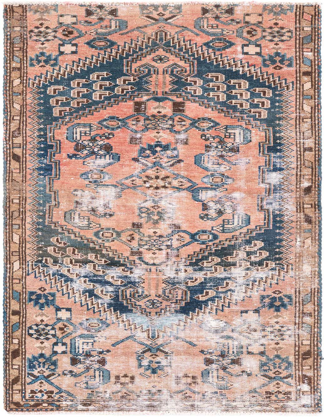 A rectangular 3x5 Ultra Vintage Persian rug with a faded orange and blue medallion pattern, suitable for an entryway.