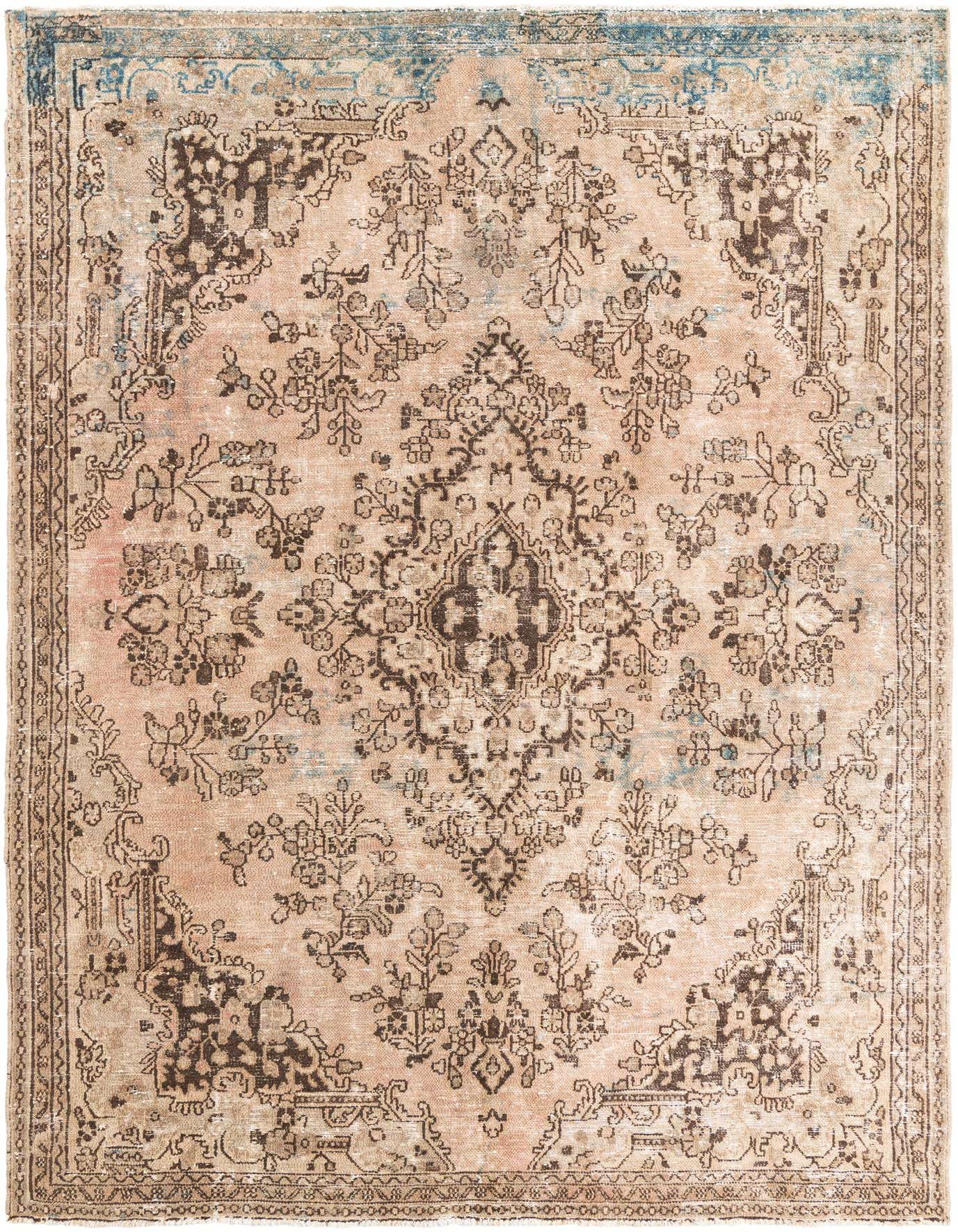 A 7x10 rectangular flatweave wool rug featuring a distressed Persian medallion pattern in shades of orange, red, and brown with hints of blue.