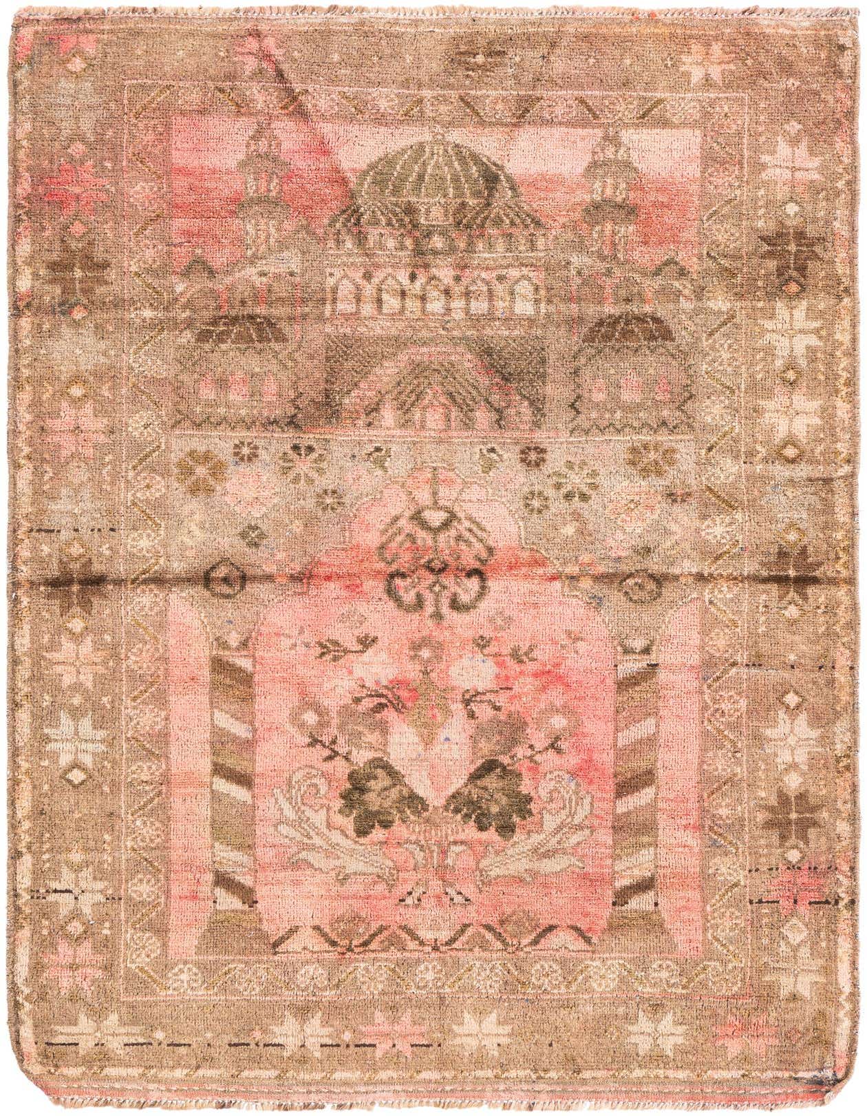A 3x5 rectangular Ultra Vintage wool rug in shades of orange and red, featuring a detailed Persian-style medallion and architectural patterns.