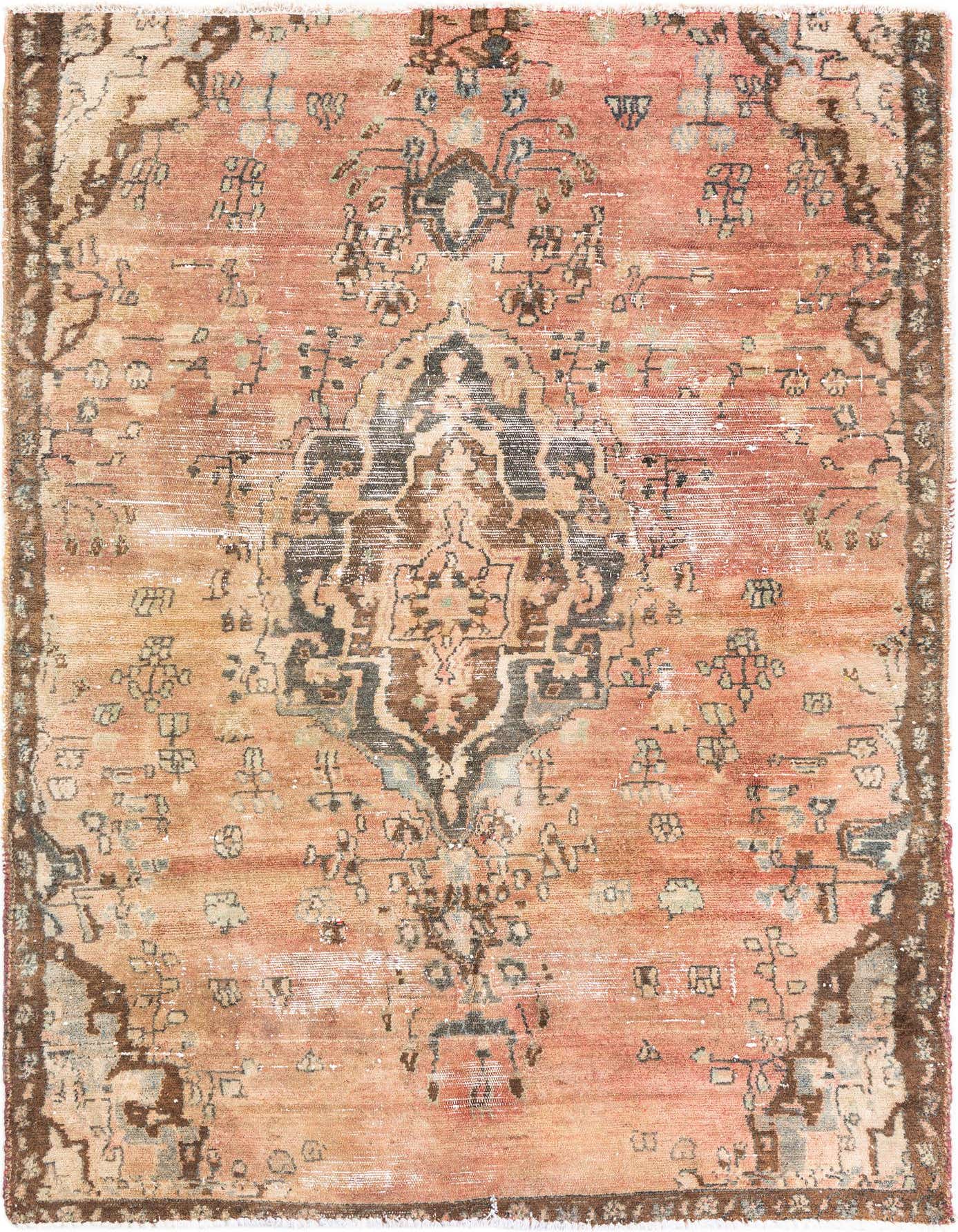 A 4x6 rectangular orange Persian rug with a faded, distressed medallion pattern in shades of brown and blue.
