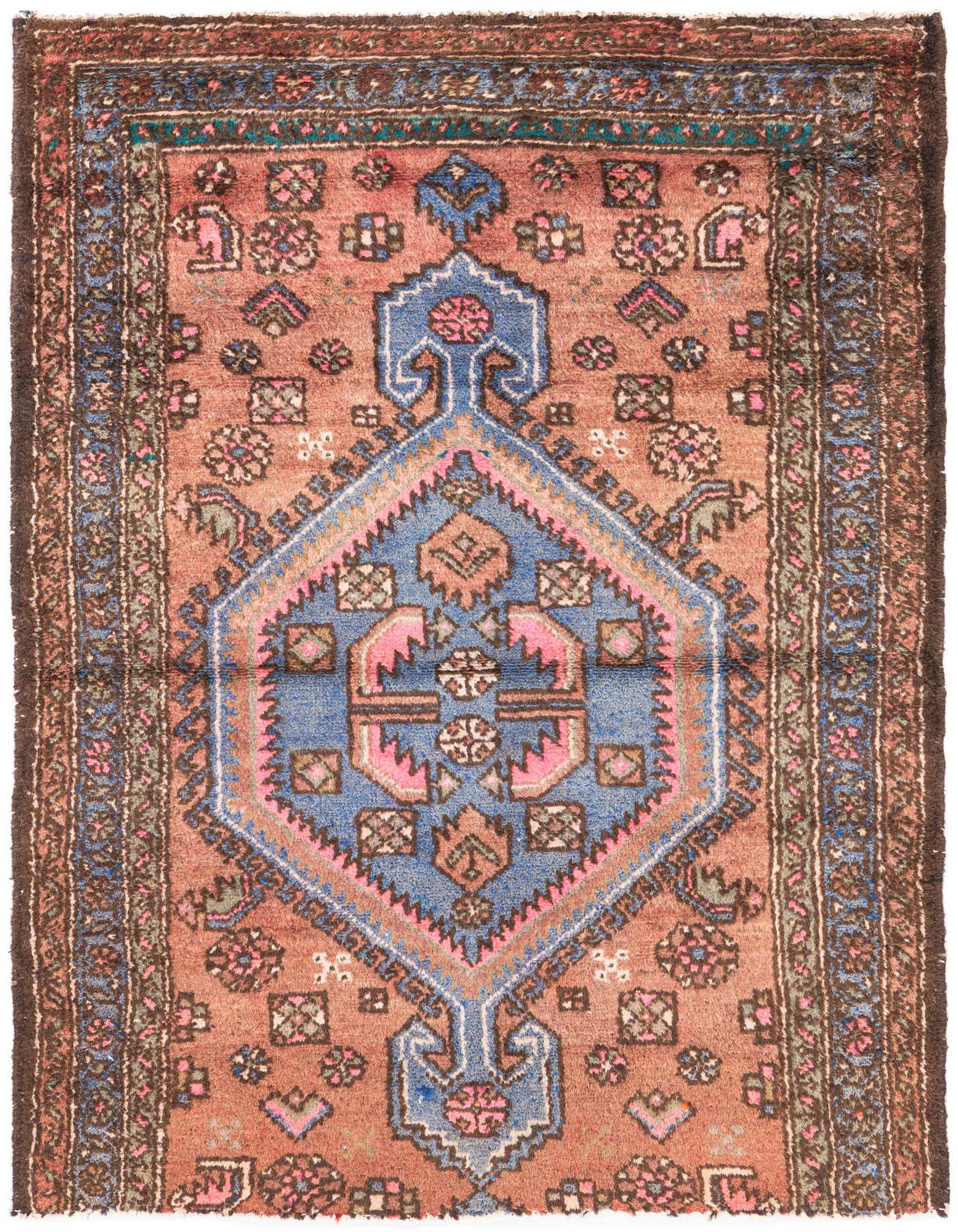 A 3x5 rectangular orange Persian rug with a central blue medallion and intricate floral patterns, ideal for an entryway.
