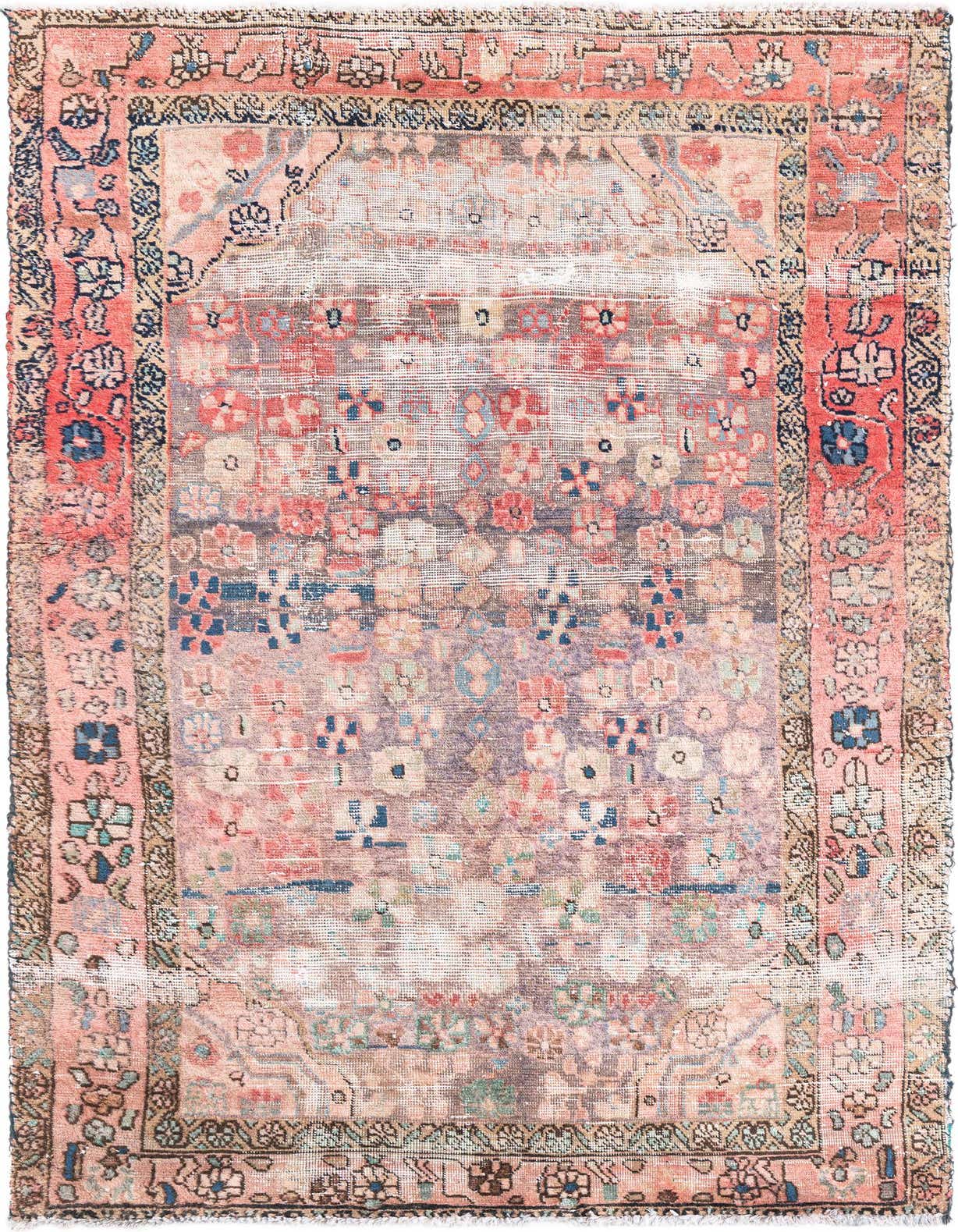A 4x6 rectangular handmade wool rug featuring a distressed Persian medallion pattern in shades of orange, red, and blue.